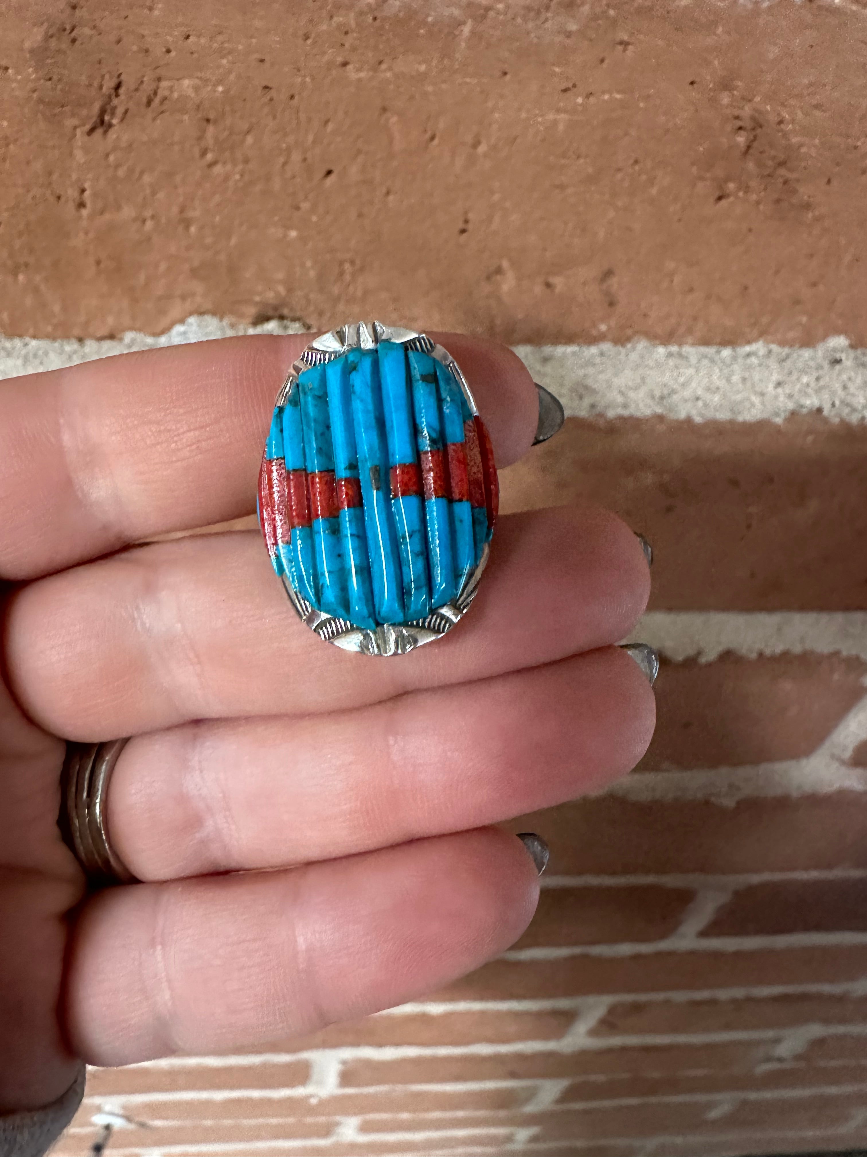 Beautiful Handmade Turquoise, Coral, And Sterling Silver Adjustable Ring Signed Nizhoni