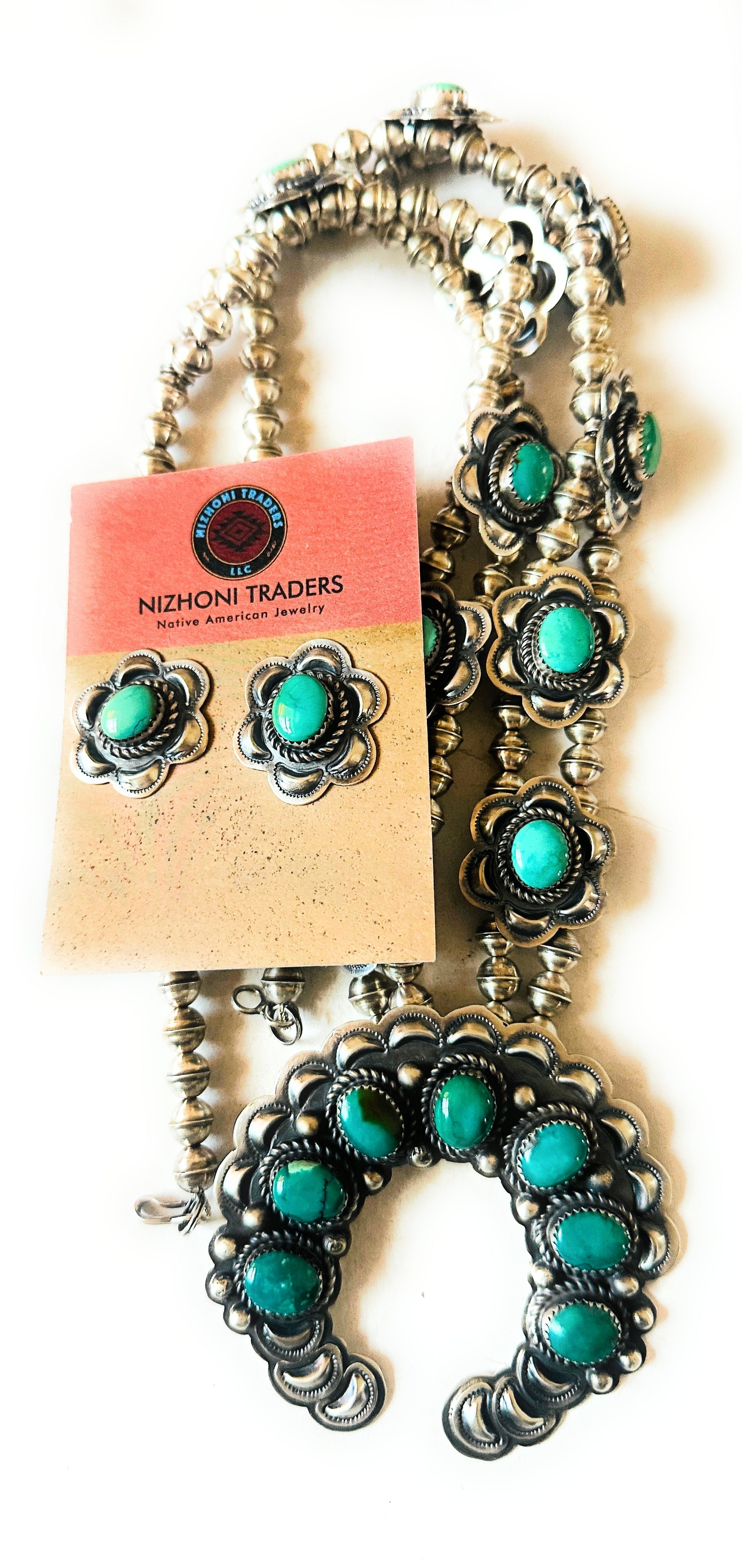 Vintage Old Pawn Navajo Turquoise & Sterling Silver Beaded Squash Blossom Necklace Set