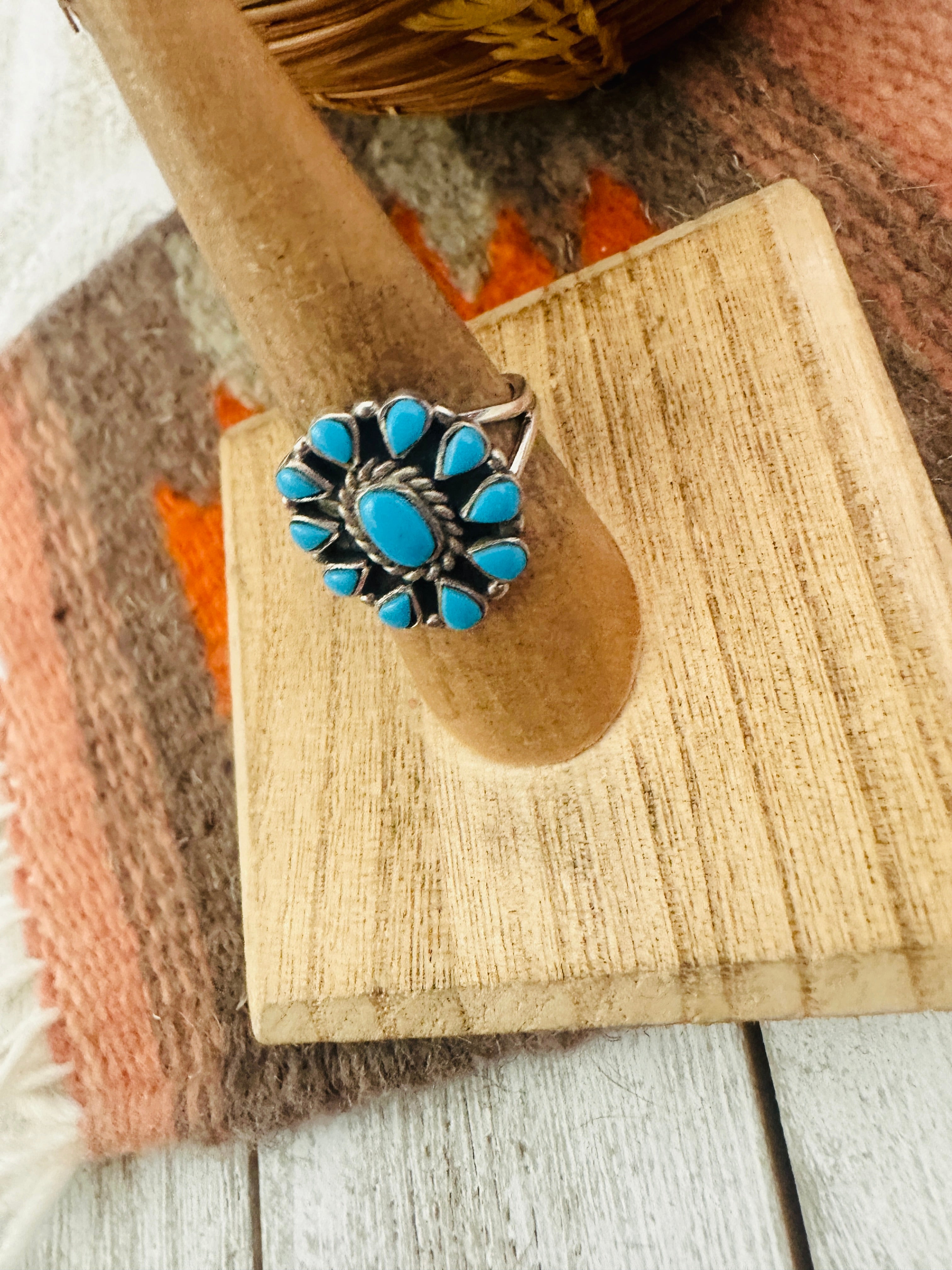 Navajo Turquoise & Sterling Silver Cluster Ring Size 7.25