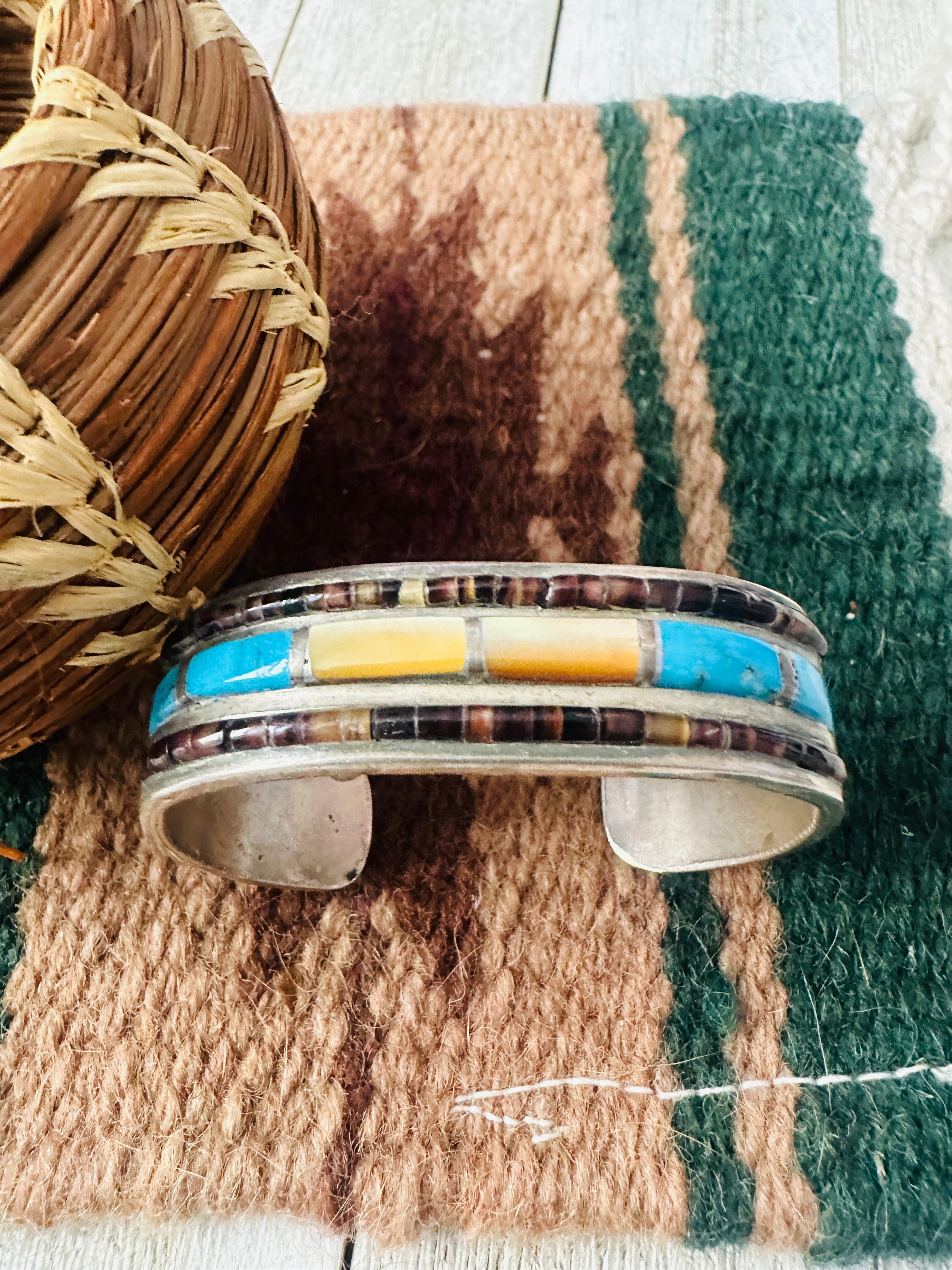 Handcrafted Old Pawn Multi Stone & Sterling Silver Inlay Cuff Bracelet /