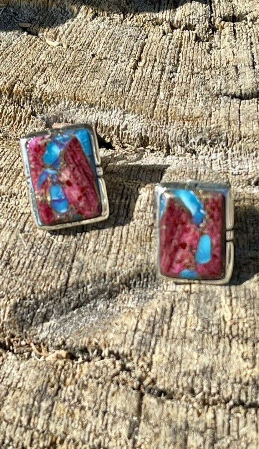 Navajo Pink Dream Mohave & Sterling Rectangle Delight Post Earrings