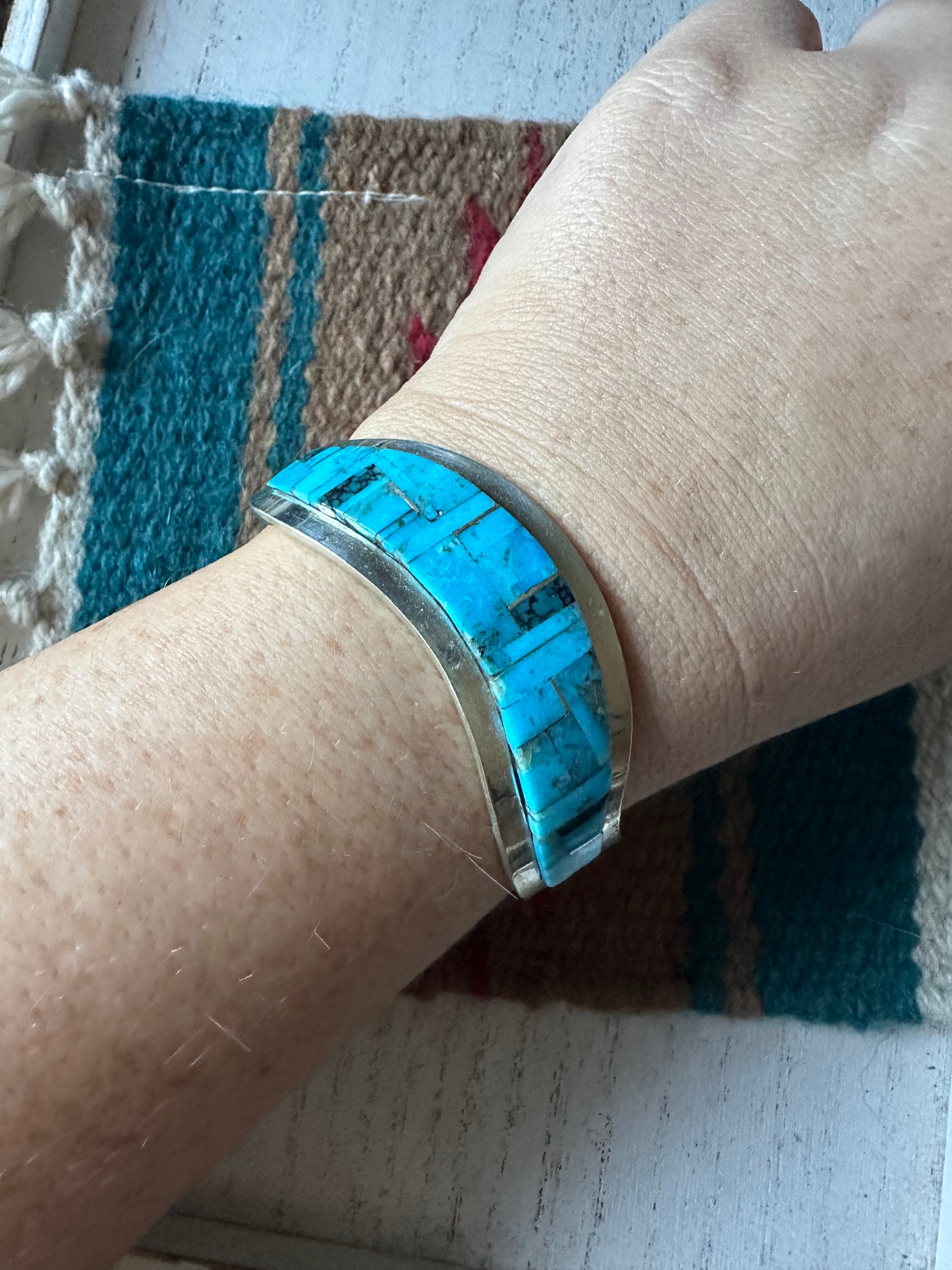 Navajo Turquoise Sterling Silver Inlay Cuff Bracelet Signed Patricia