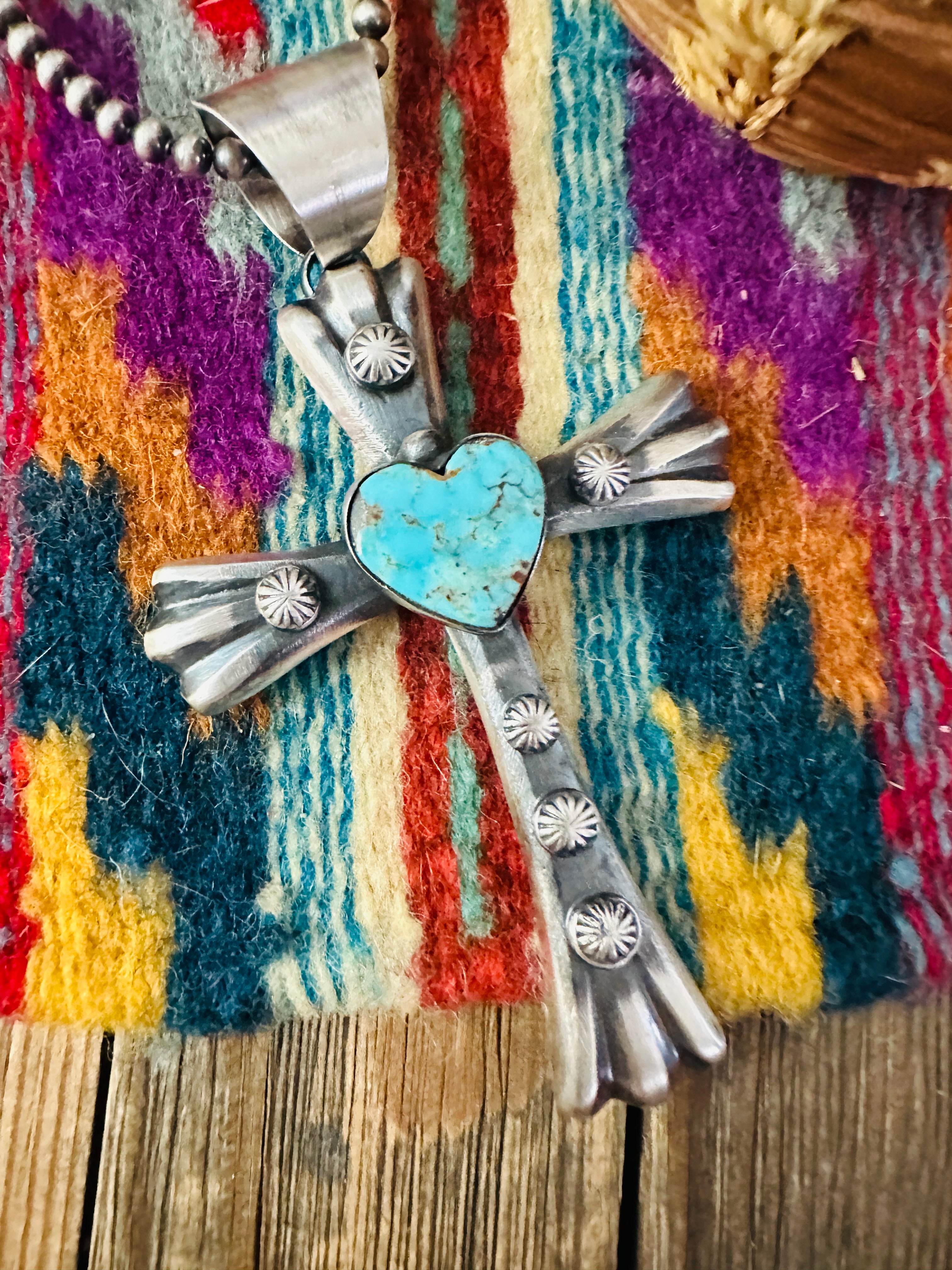 Handcrafted Turquoise & Sterling Silver Heart Cross Pendant by Chimney Butte