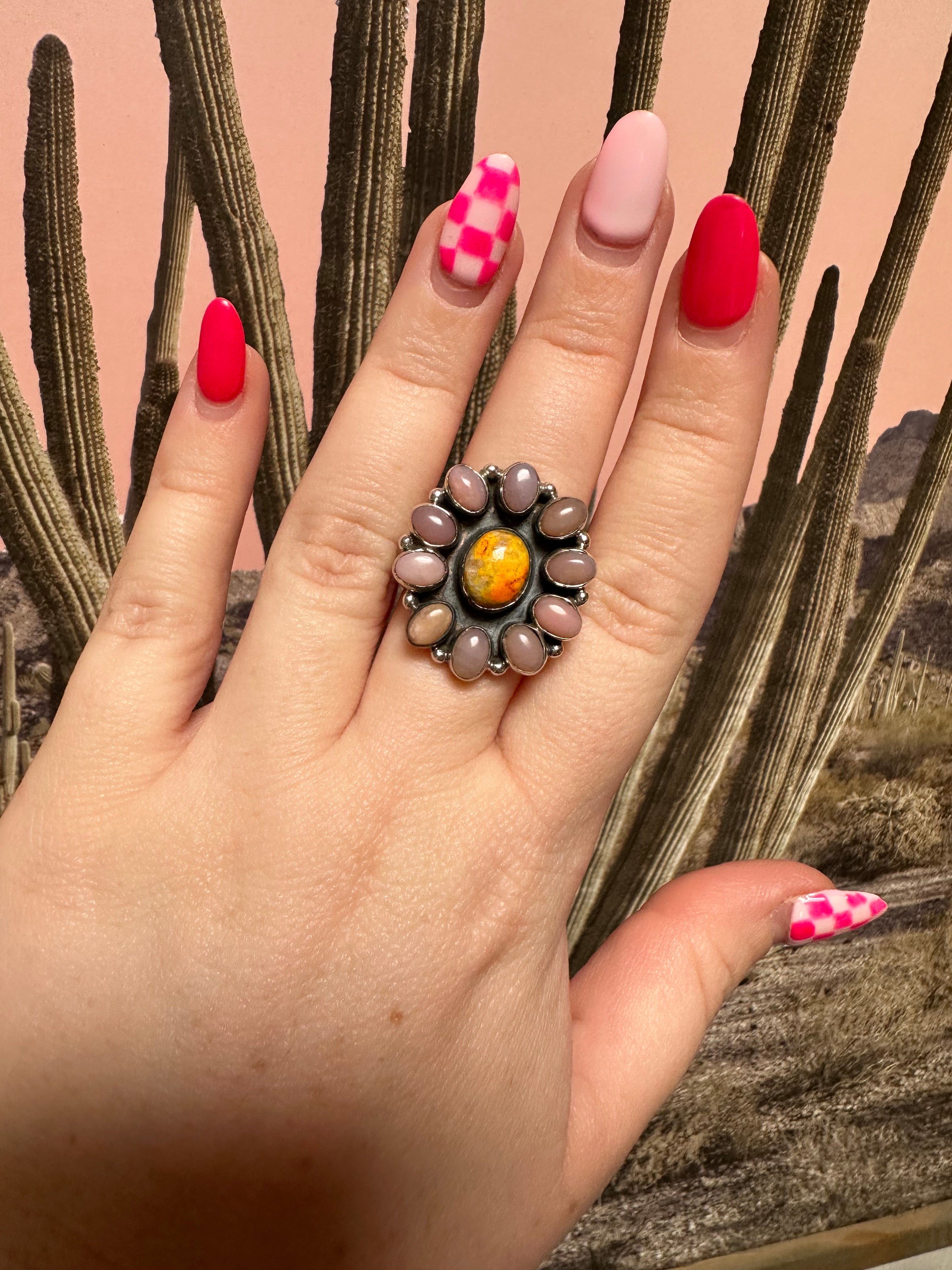 Beautiful Handmade Pink Conch, Bumble Bee  And Sterling Silver Adjustable Ring