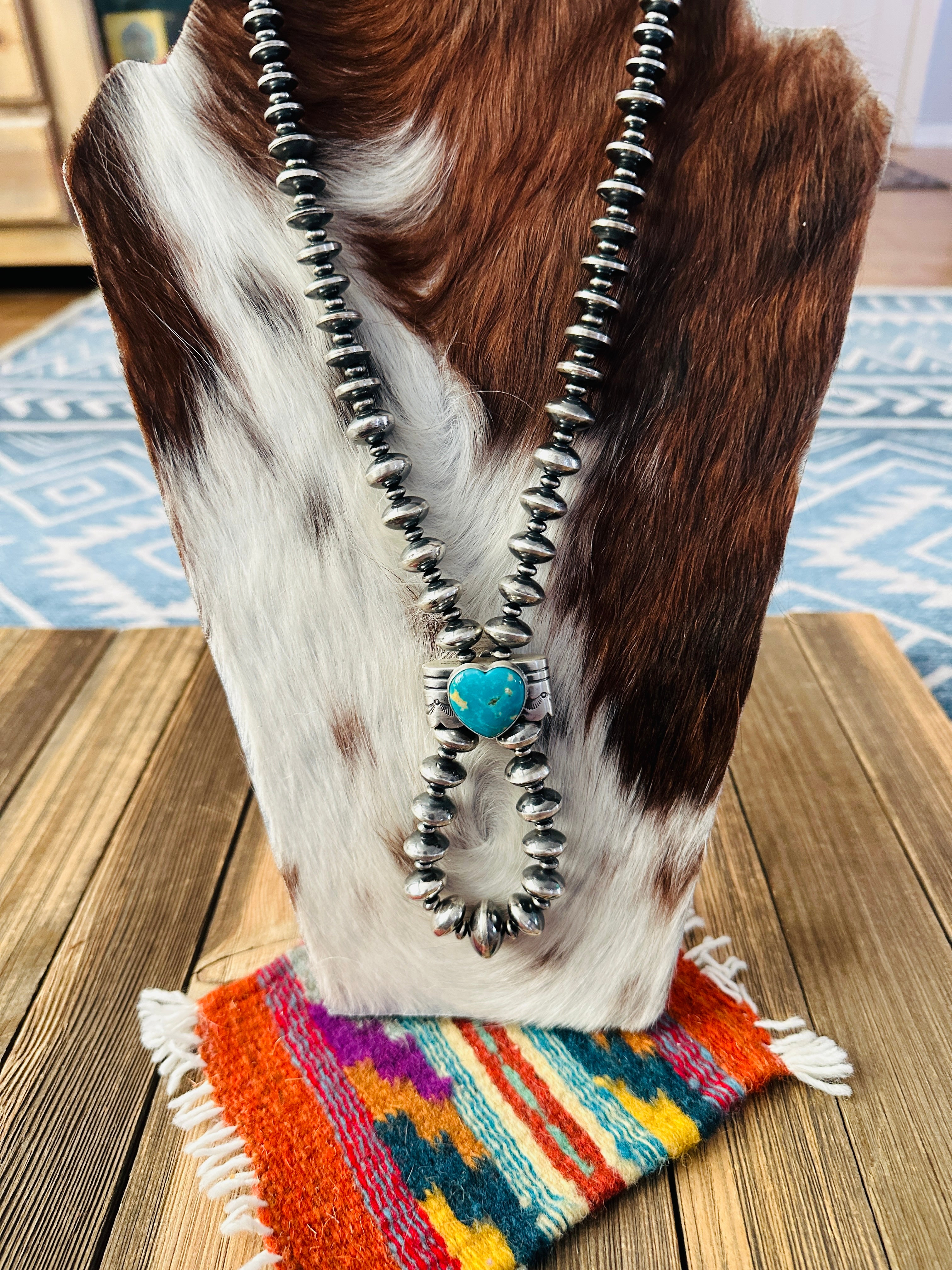 Handcrafted Turquoise & Sterling Silver Beaded Double Sided Jacla Necklace