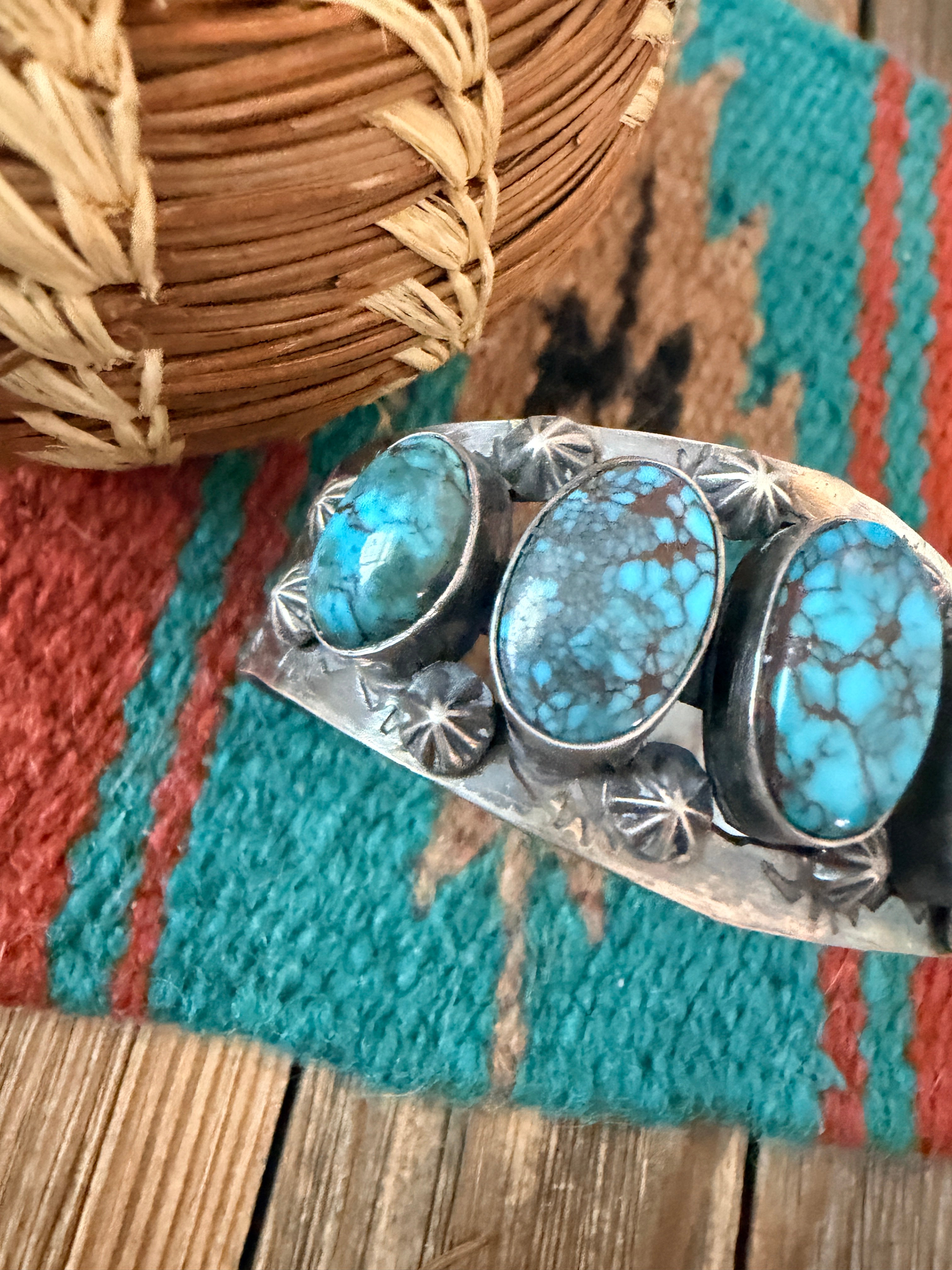 Handcrafted Old Pawn Sterling Silver & Blue Diamond Turquoise Cuff Bracelet