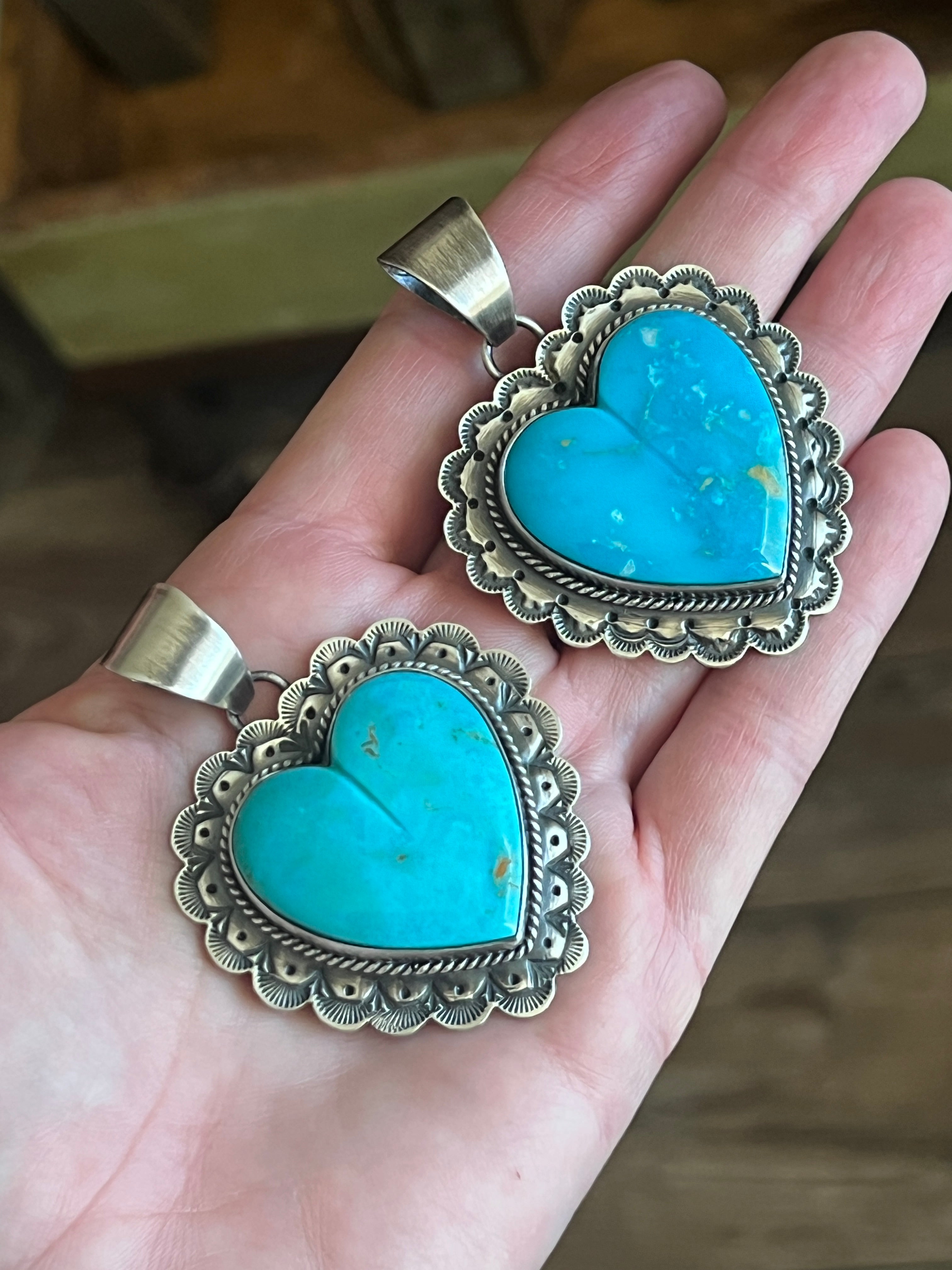 Hand Stamped Sterling Silver & Kingman Turquoise Heart Pendant by June