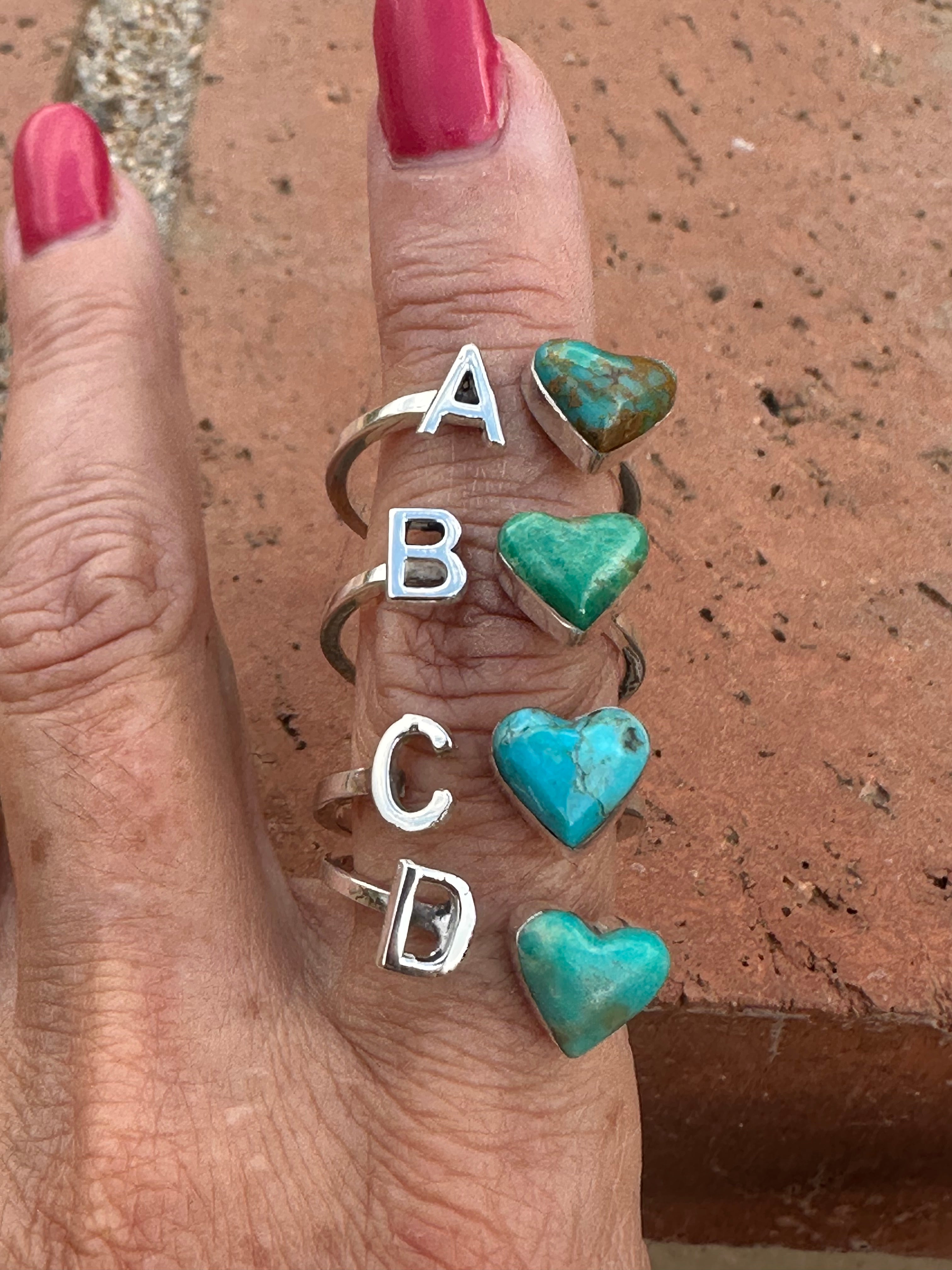 Handmade Sterling Silver & Turquoise Adjustable Initial Heart Ring