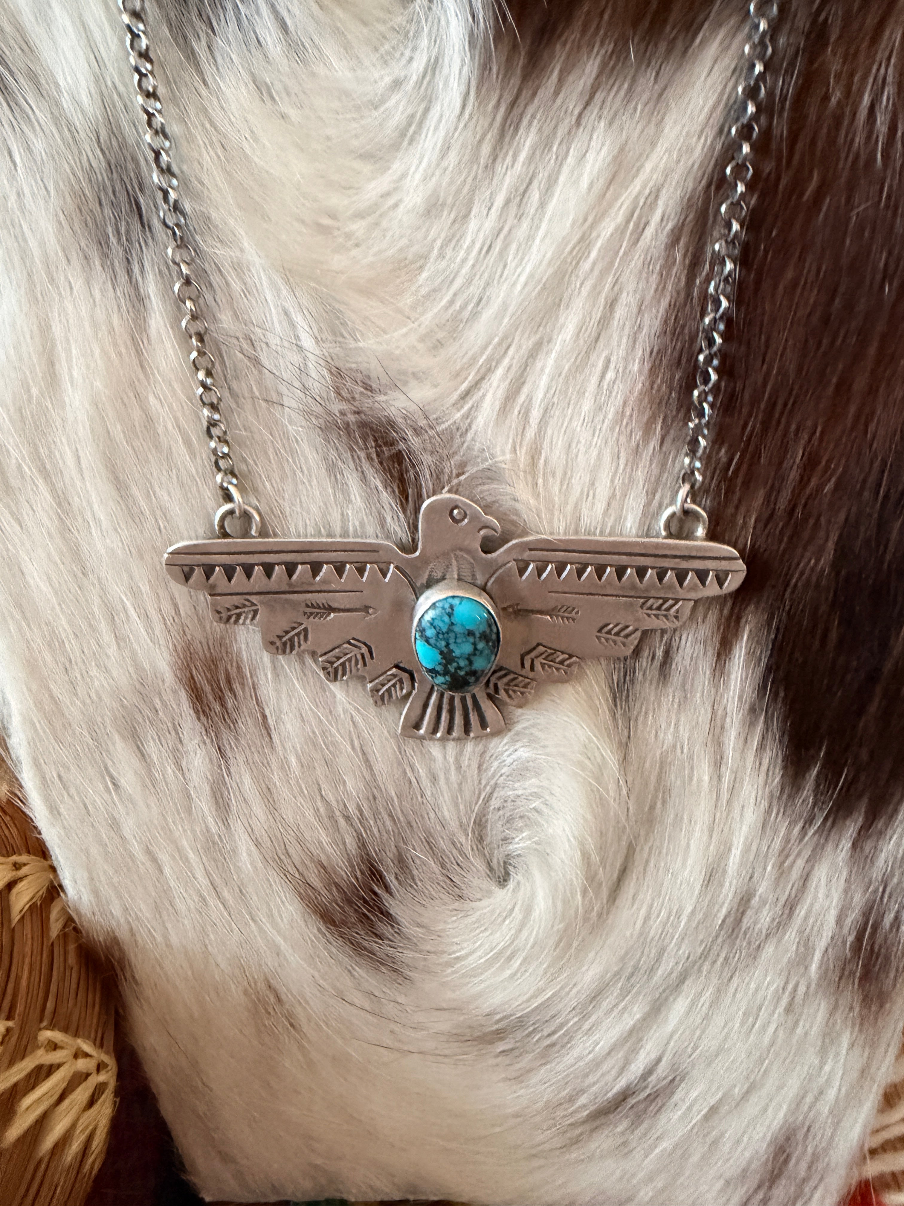 Handcrafted Turquoise & Sterling Silver Thunderbird Necklace by Russell Sam