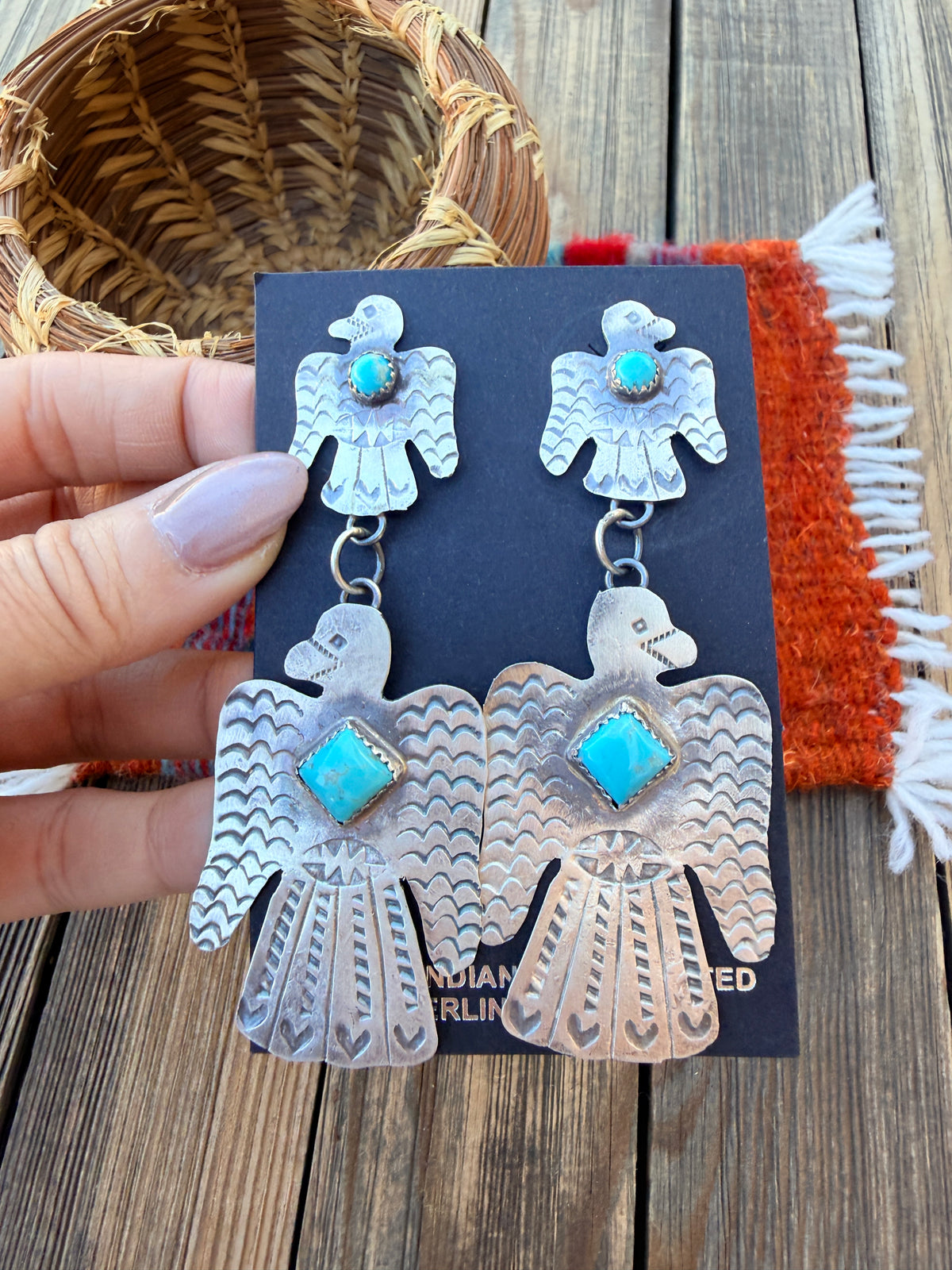 Handcrafted Sterling Silver & Turquoise Thunderbird Dangle Earrings by Gabrielle Yazzie