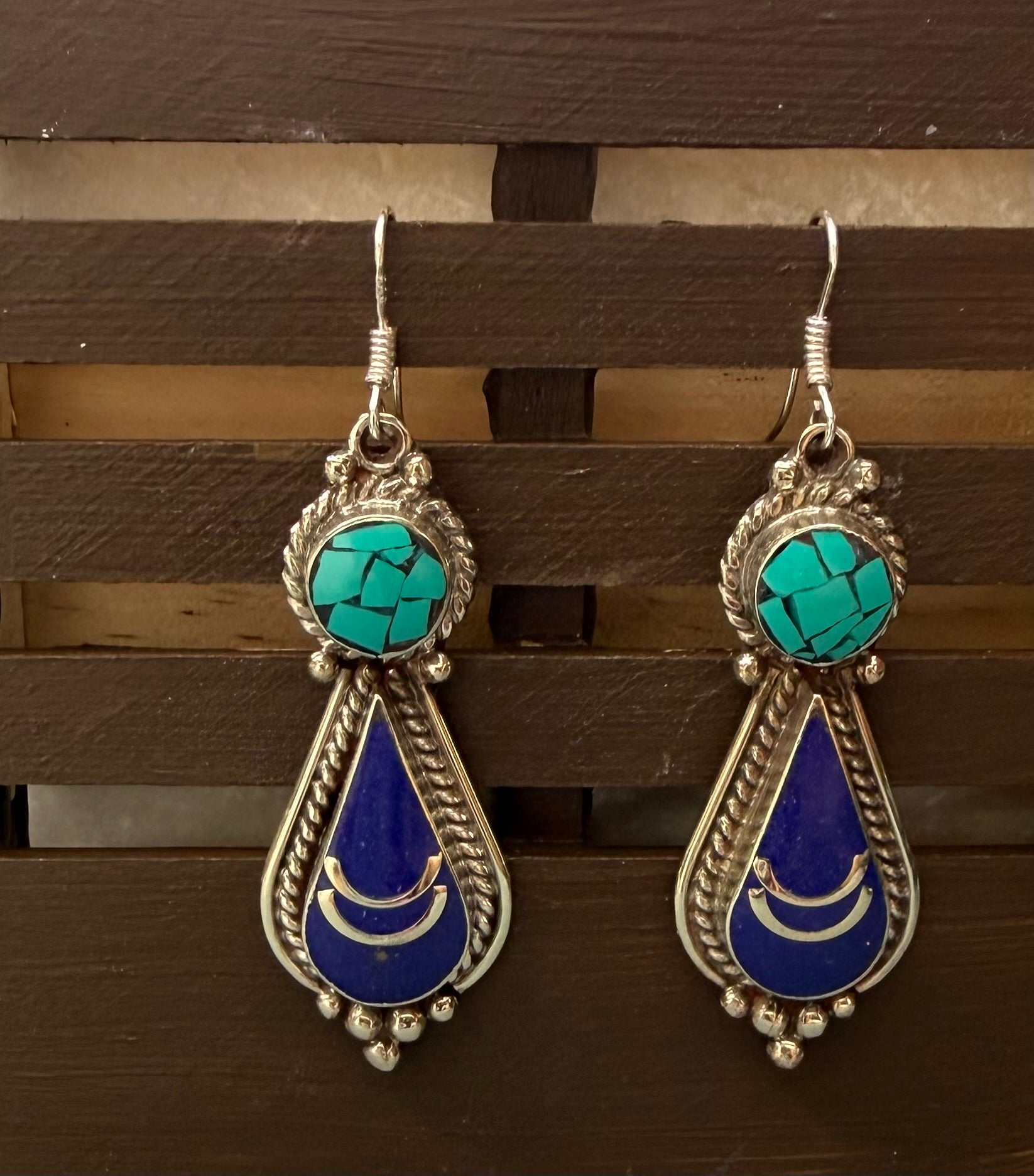 Turquoise & Lapis Crescent Drop Earrings – Southwestern Style