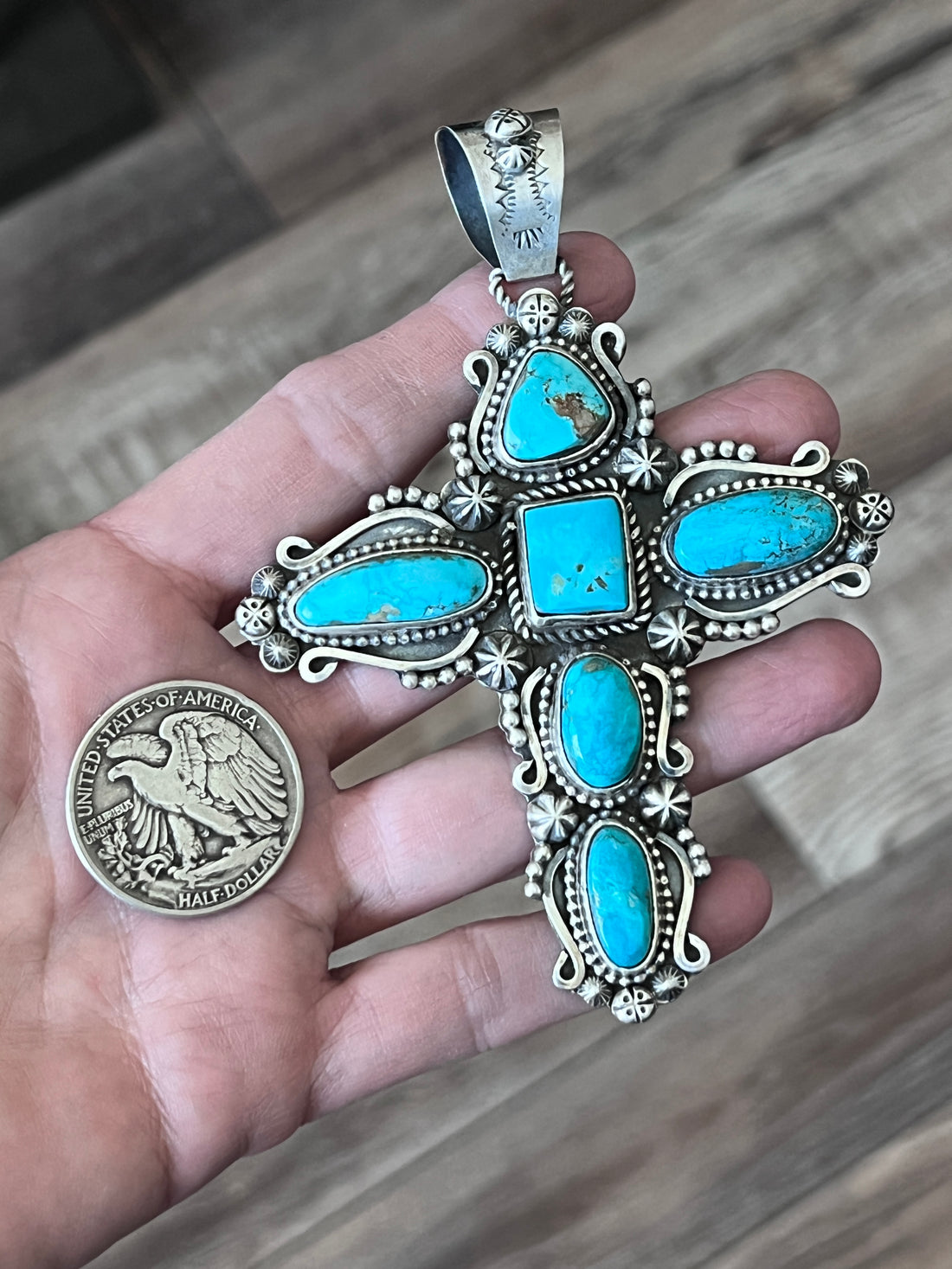 Sterling Silver and Royston Turquoise Cross Pendant by Rosella Paxson