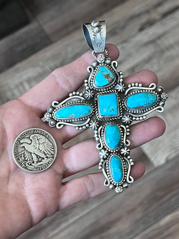 Sterling Silver and Royston Turquoise Cross Pendant by Rosella Paxson