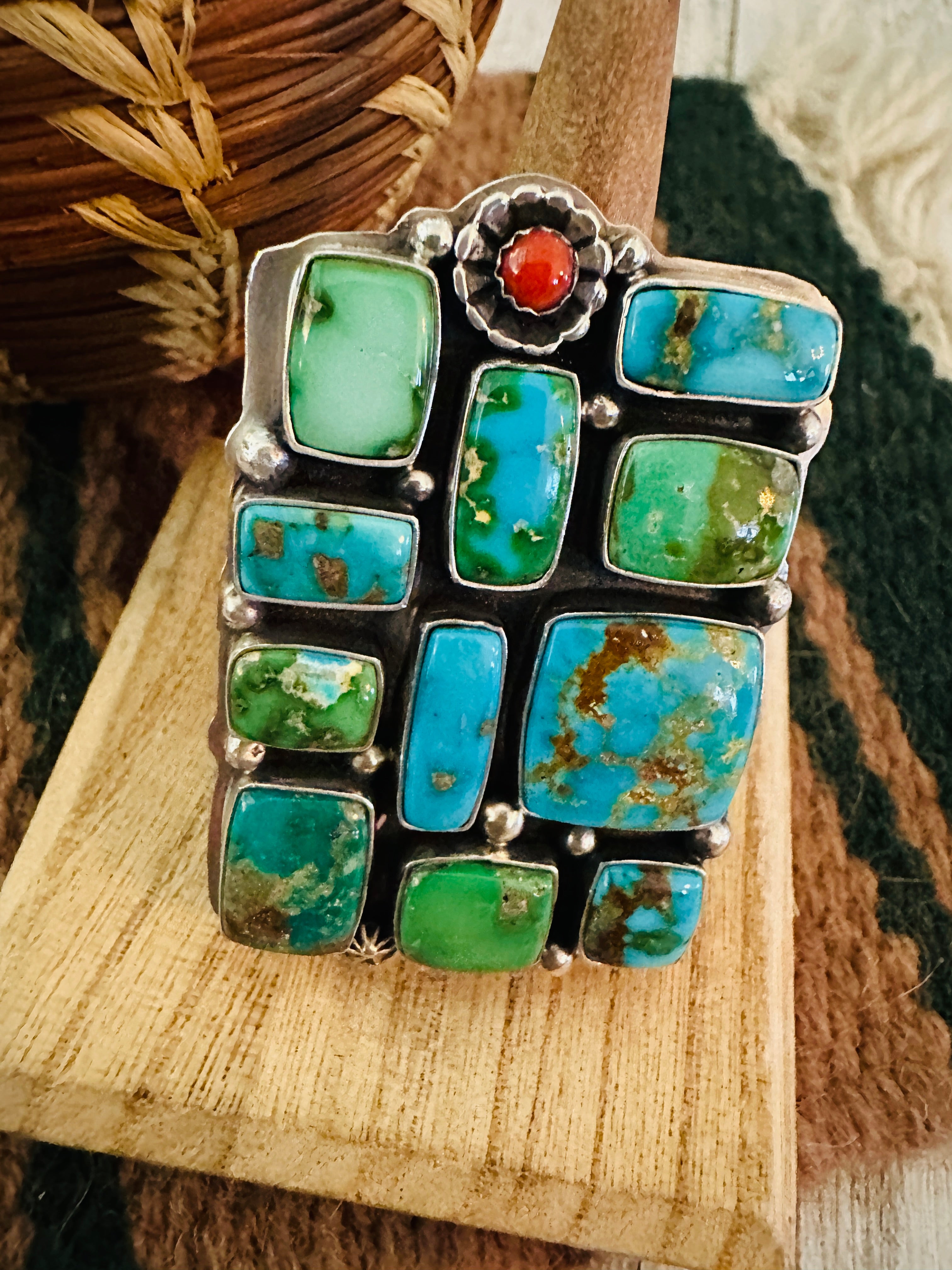 Navajo Sonoran Mountain Turquoise, Coral & Sterling Silver Adjustable Cluster Ring