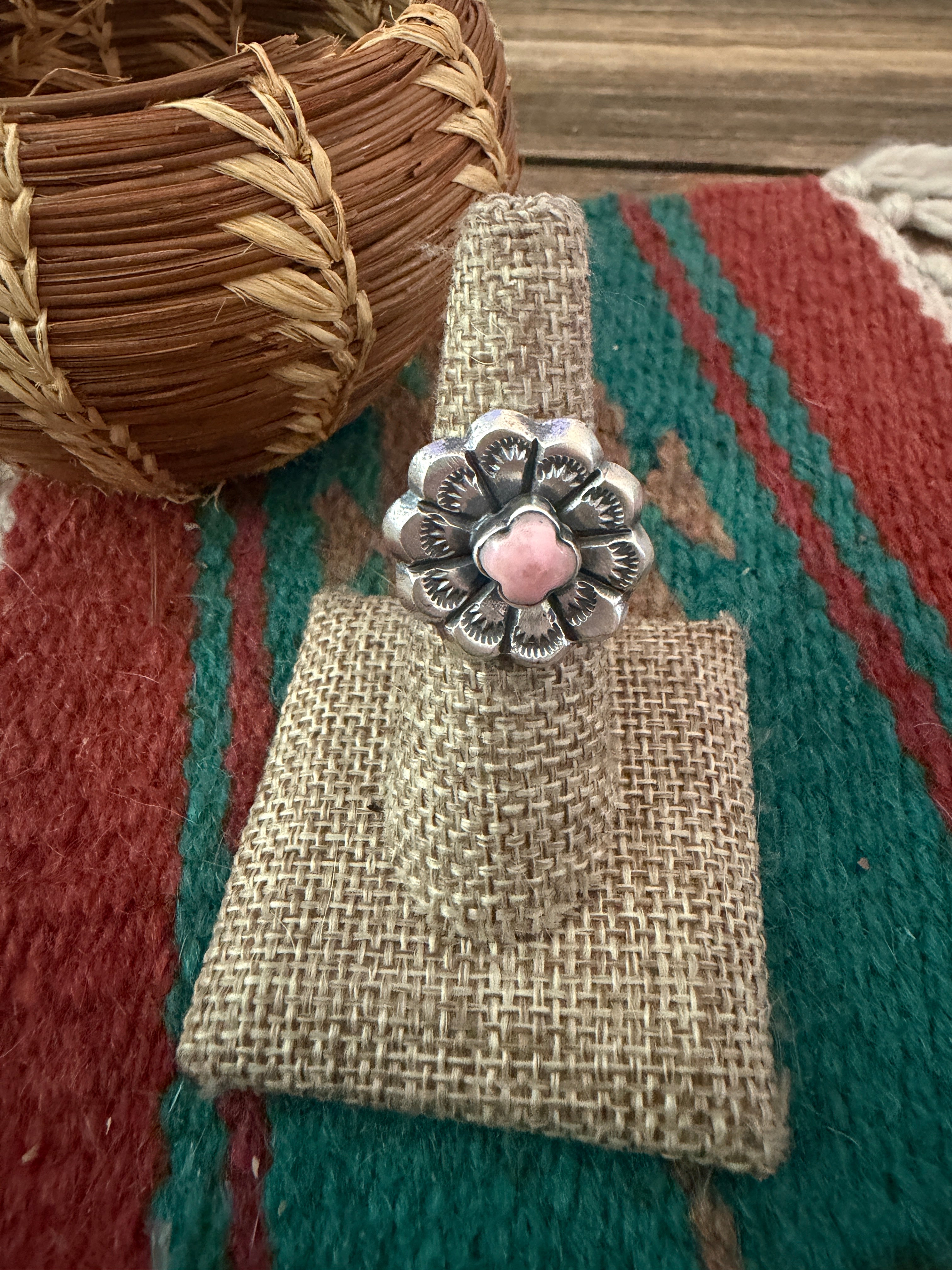 Handcrafted Queen Pink Conch and Sterling Silver Flower Ring size 6.75 by Chimney Butte