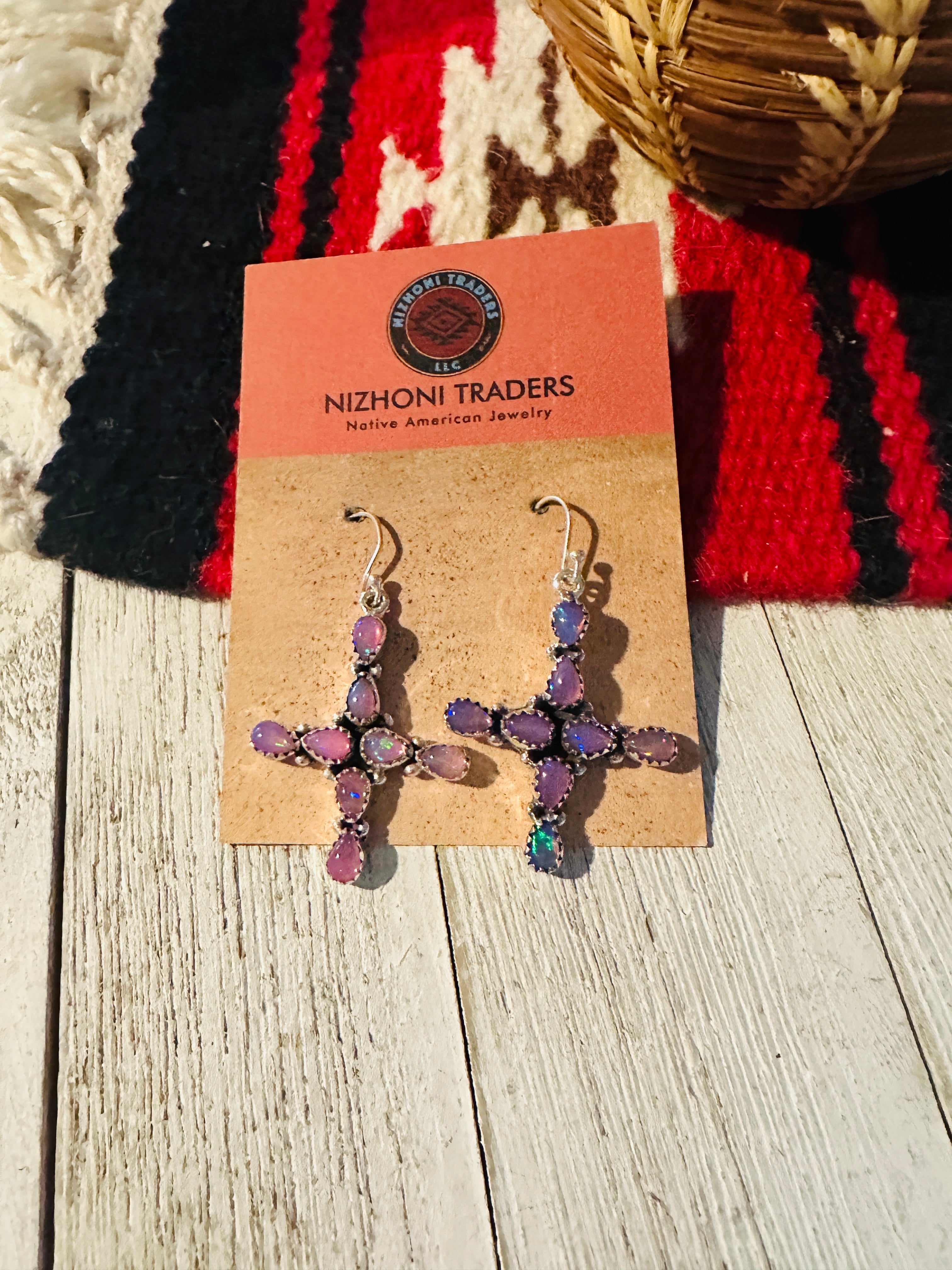 Handmade Opal & Sterling Silver Cross Dangle Earrings Signed Nizhoni