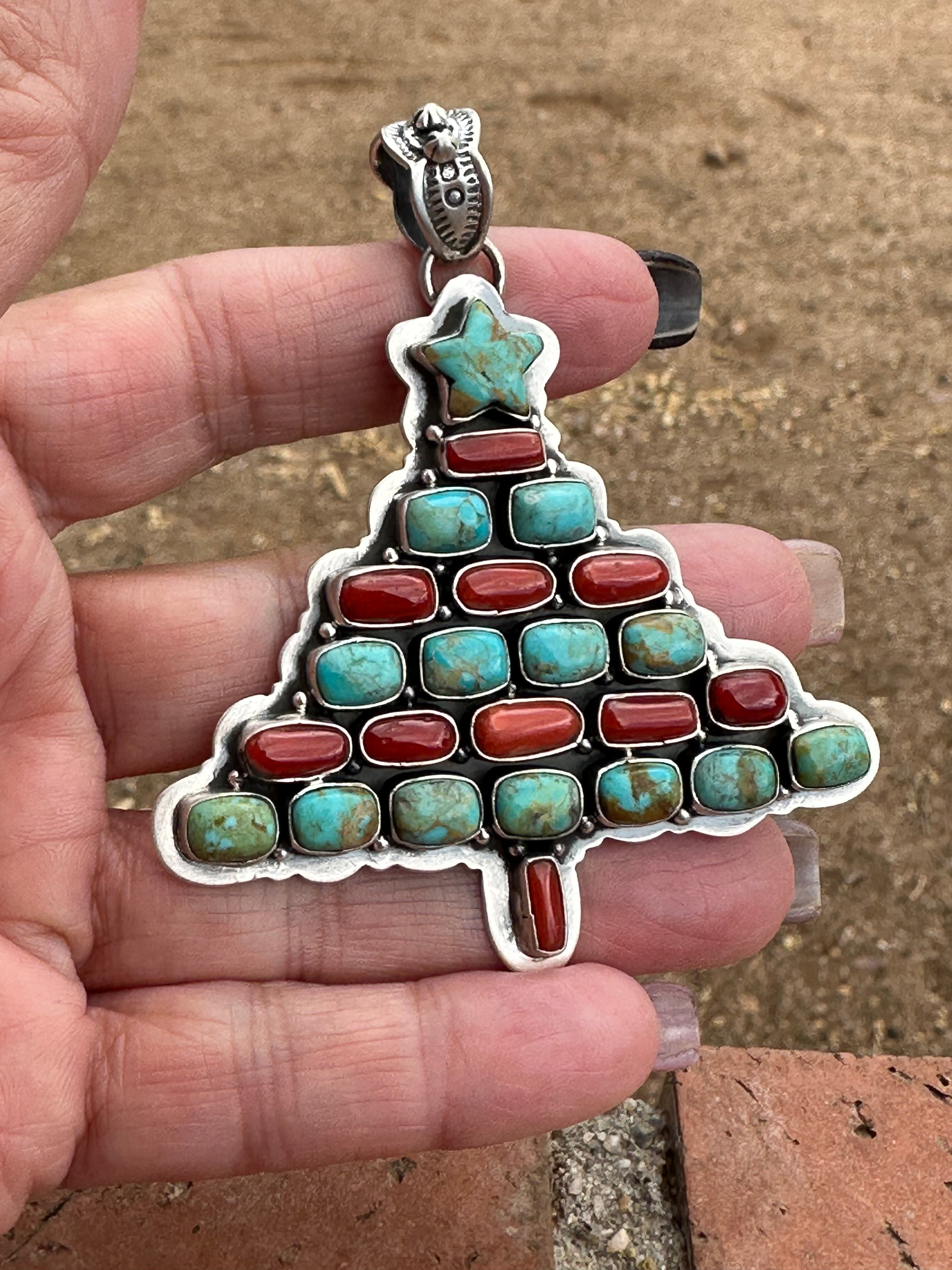 Handmade Sterling Silver, Coral & Turquoise Christmas Tree Pendant