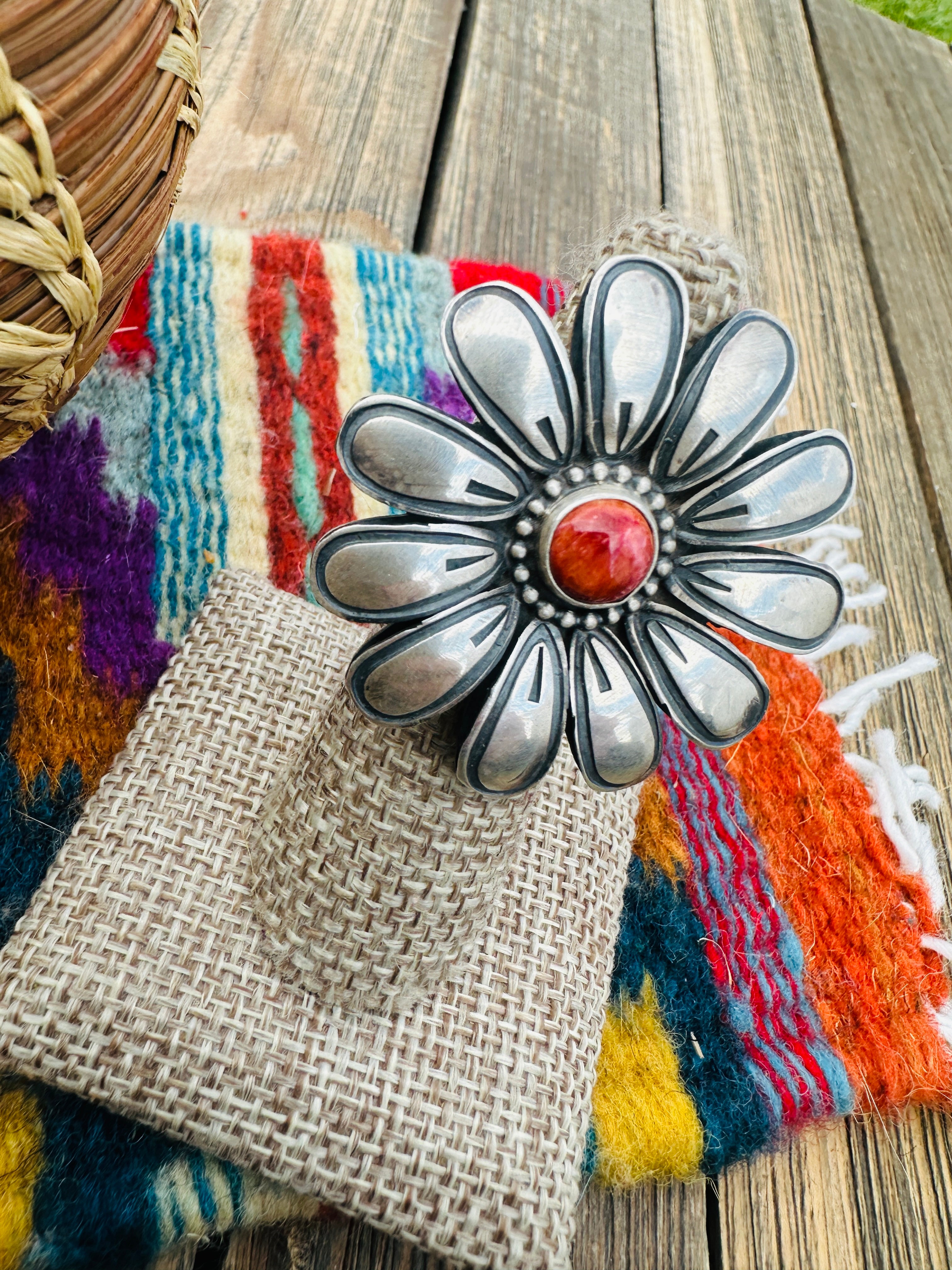 Handcrafted Spiny Oyster & Sterling Silver Flower Ring Size 6 by Paul Livingston