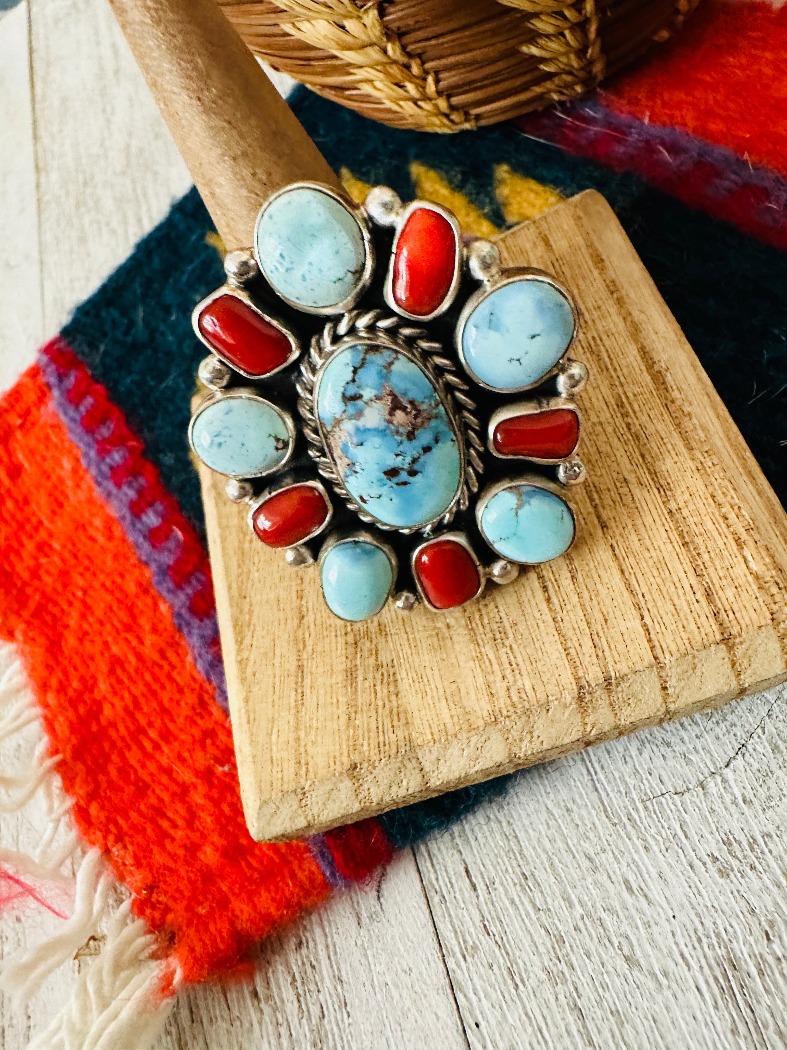 Navajo Golden Hills Turquoise, Coral & Sterling Silver Cluster Adjustable Ring