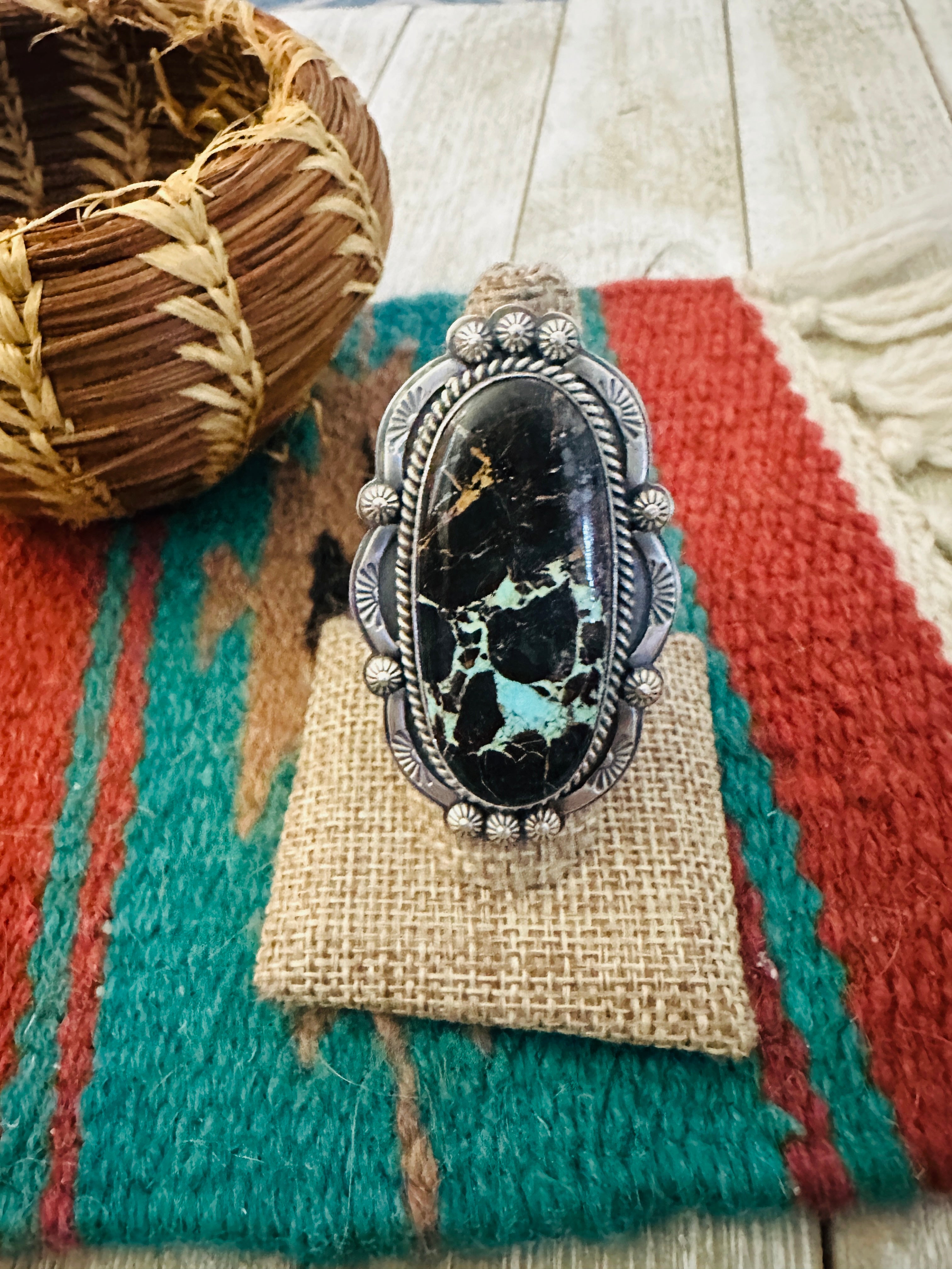 Handcrafted Blackjack Turquoise & Sterling Silver Adjustable Ring
