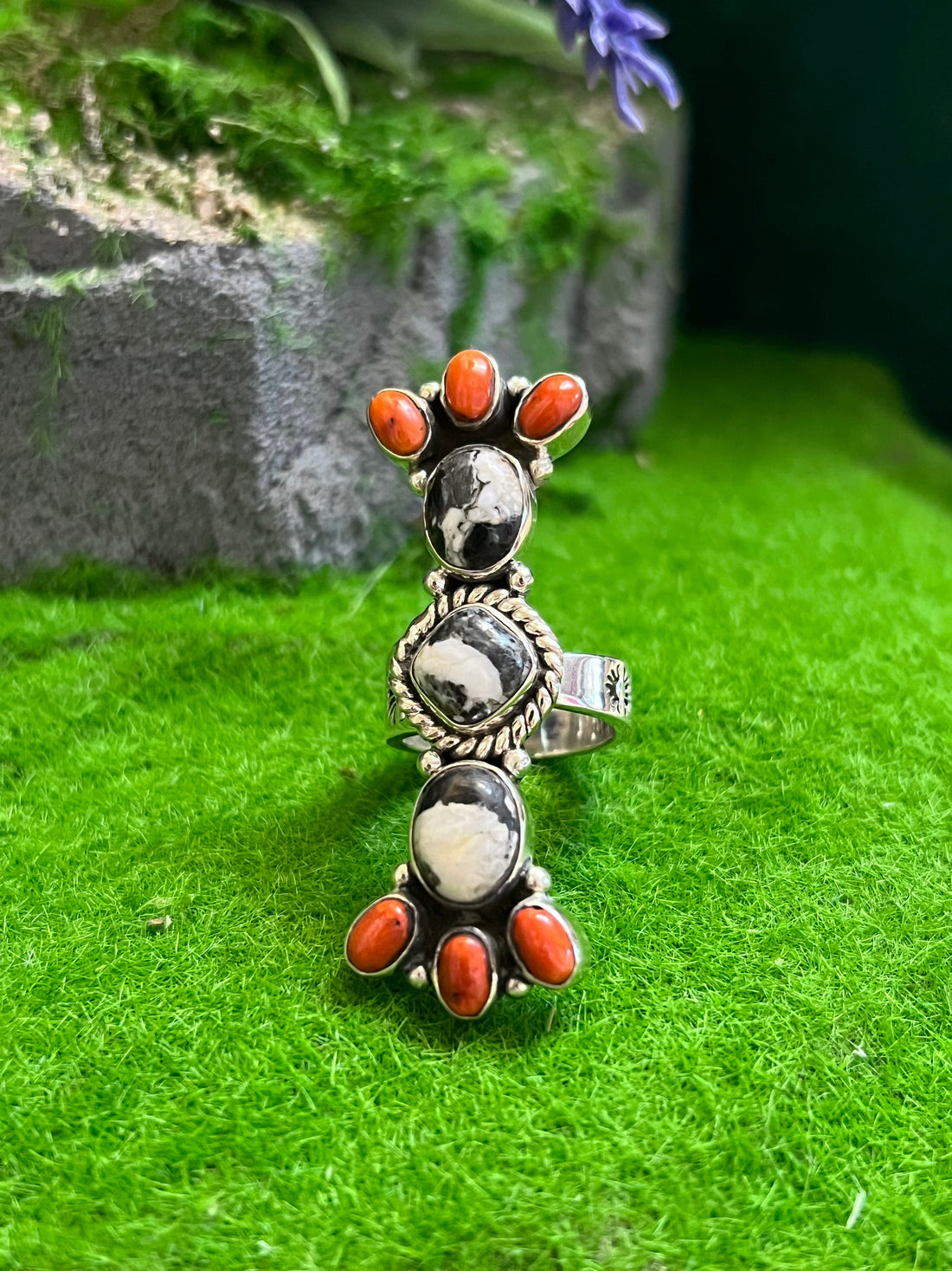 Handmade White Buffalo & Coral Stones Cluster Sterling Silver Adjustable Ring