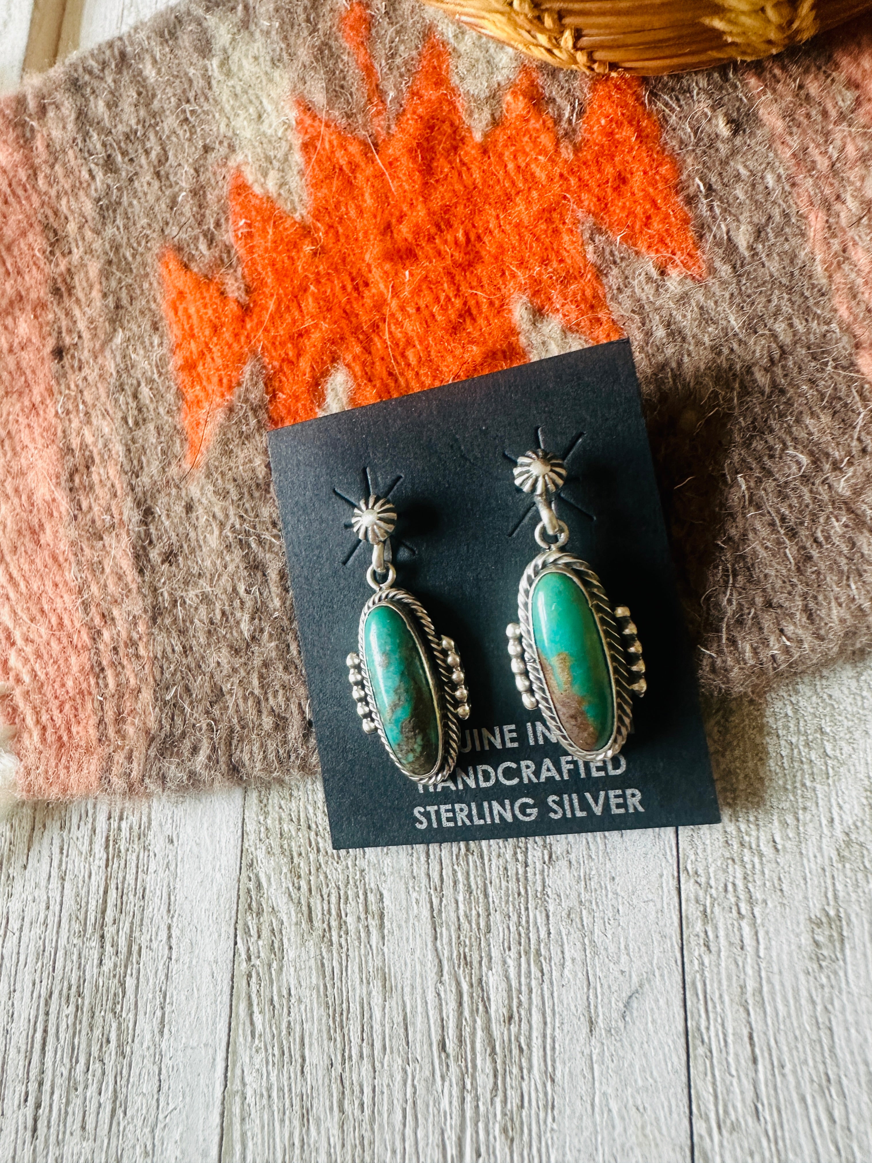 Navajo Royston Turquoise And Sterling Silver Dangle Earrings