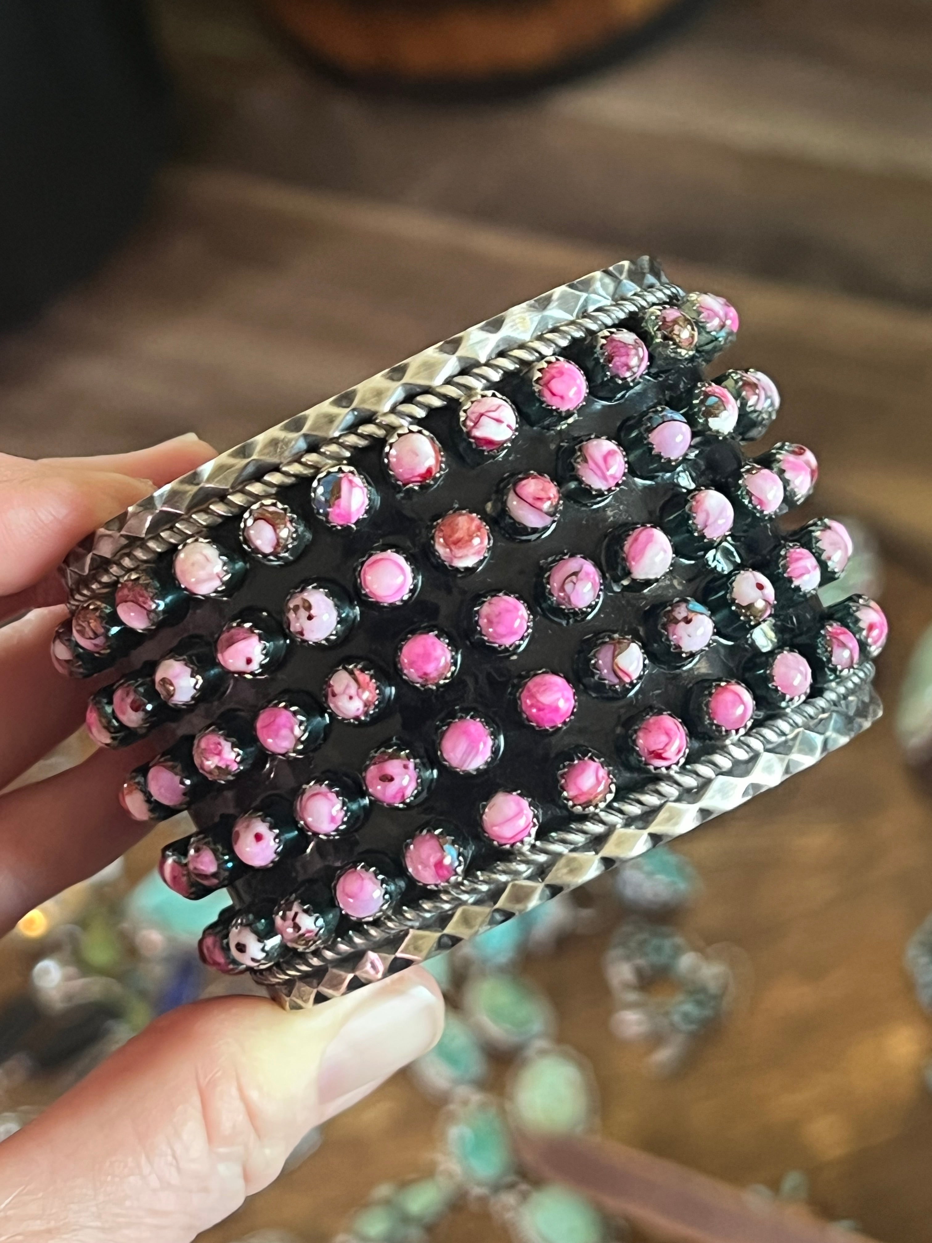 Handcrafted Sterling Silver and Pink Dream Mohave Snake Eye Style Five Row Cuff Bracelet, Signed BJ /