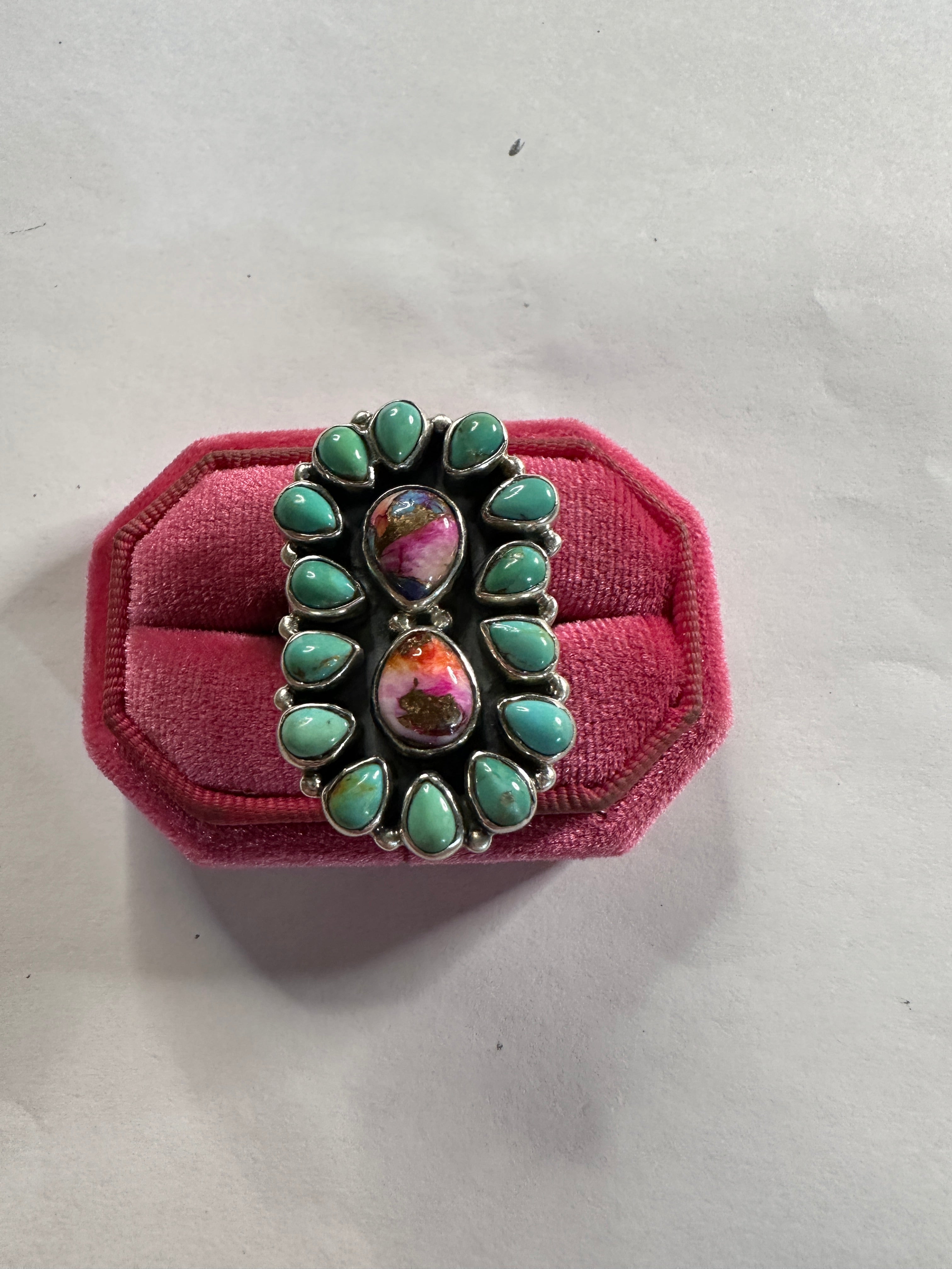 Beautiful Handmade Turquoise, Pink Dream Mojave And Sterling Silver Adjustable Ring