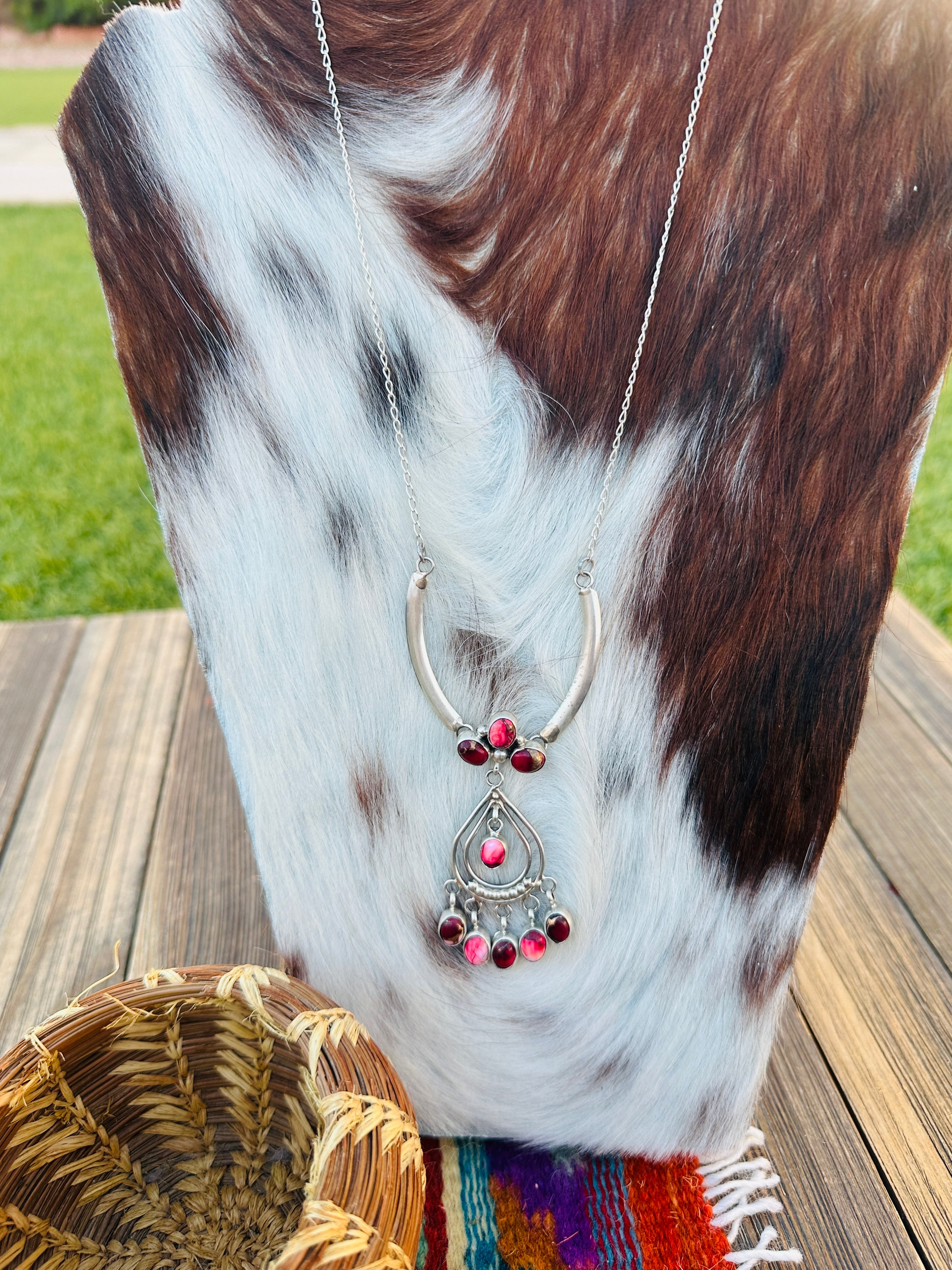 Handcrafted Rose Dahlia & Sterling Silver Chandelier Necklace by Pearlene Spencer