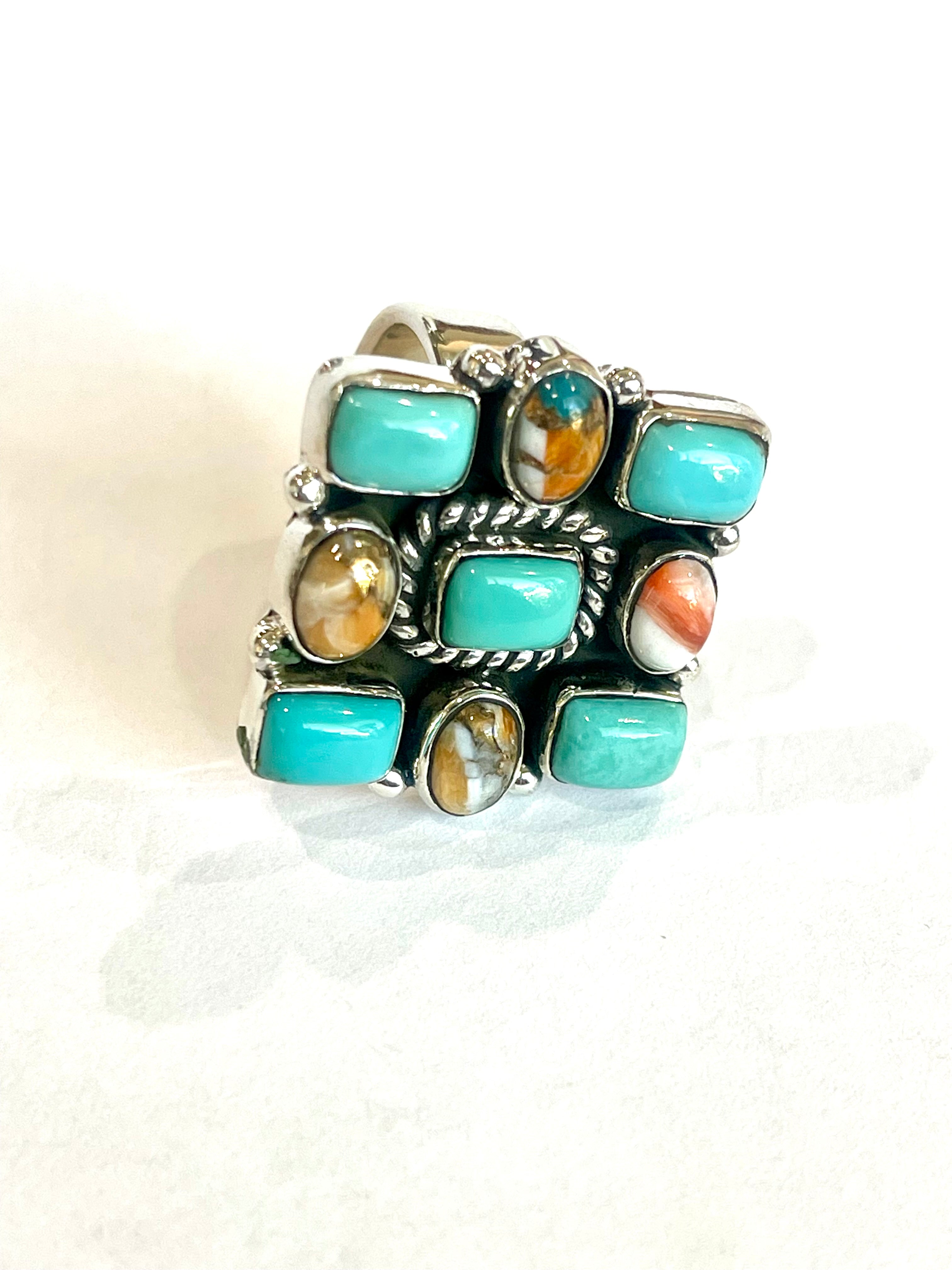 Beautiful Handmade Turquoise, Spice And Sterling Silver Adjustable Ring