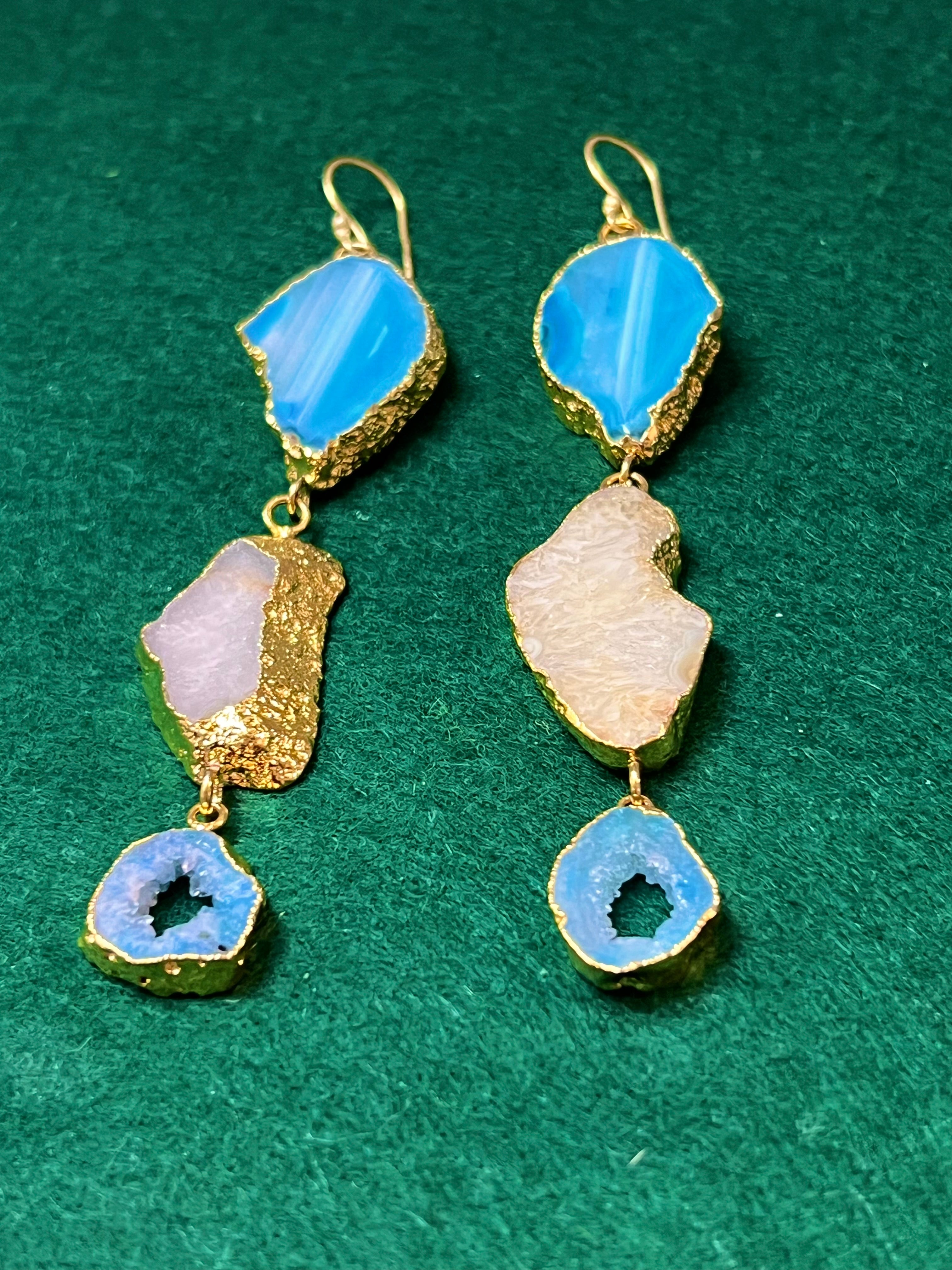 Handmade 14k Gold Druzy Plated Brass 3-Stone White & Blue Geode Dangle Wire Earrings