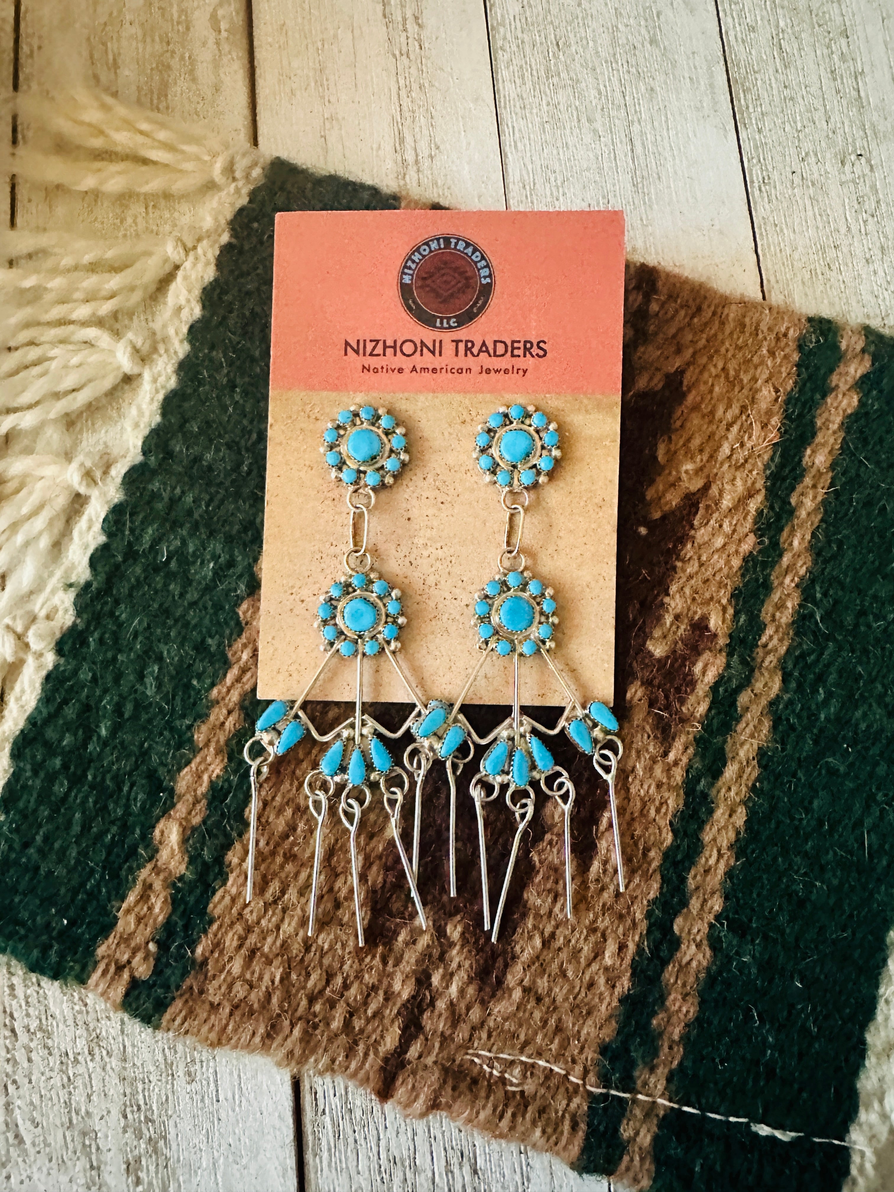 Zuni Sterling Silver & Turquoise Flower Chandelier Dangle Earrings