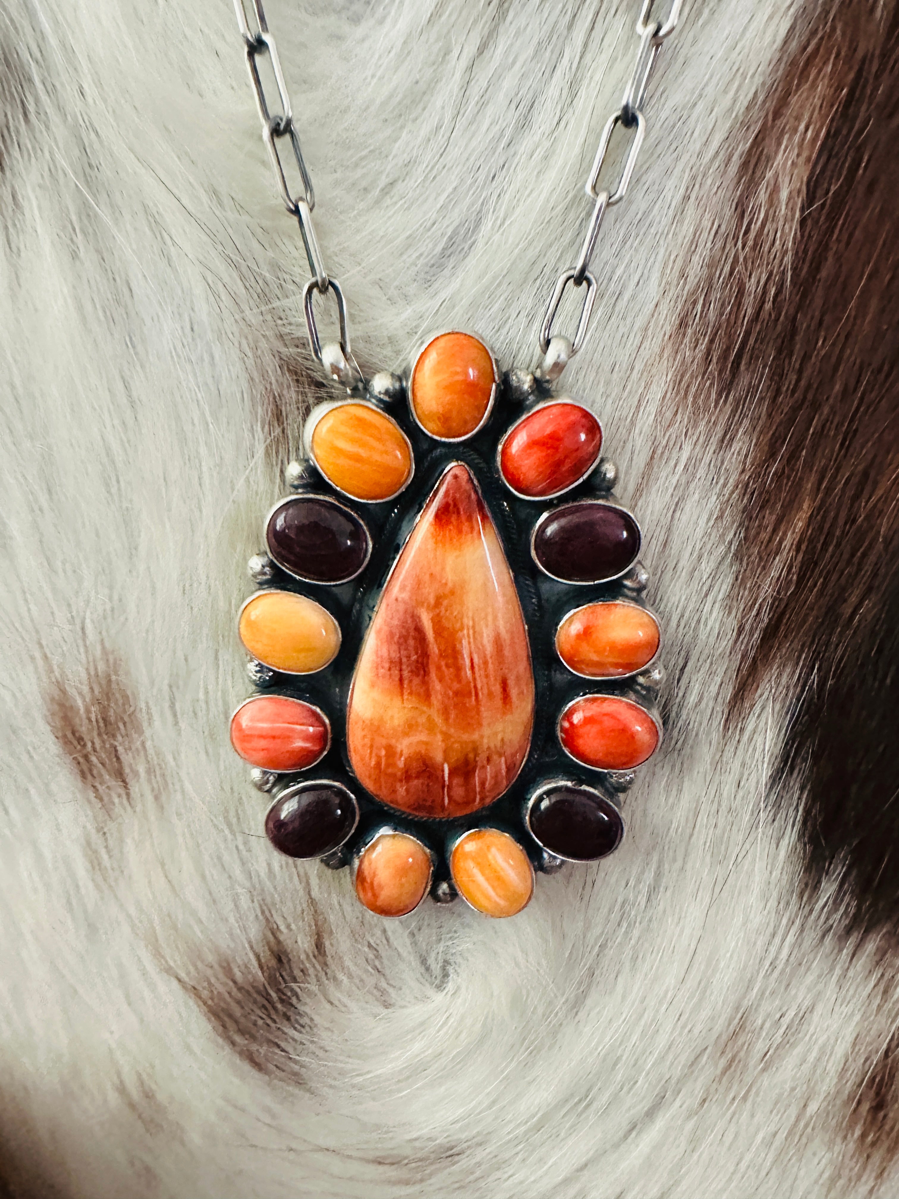 Handcrafted Multicolor Spiny Oyster & Sterling Silver Cluster Necklace by Sheila Becenti