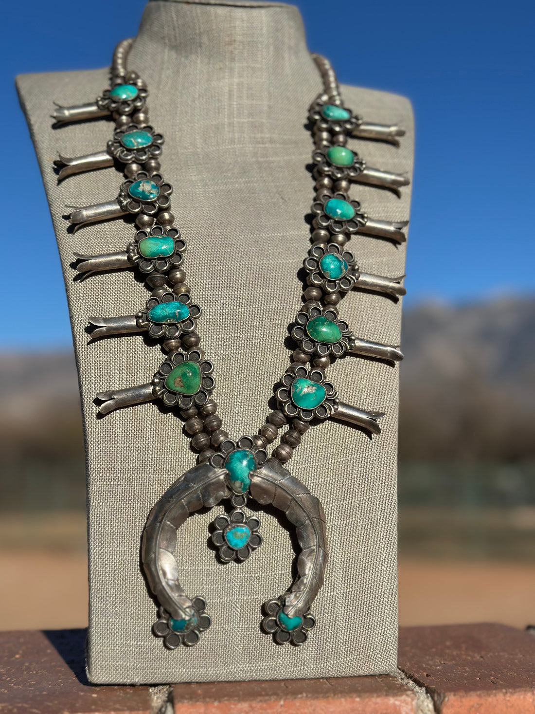 Estate Collection Old Pawn Turquoise & Sterling Silver Squash Blossom Necklace