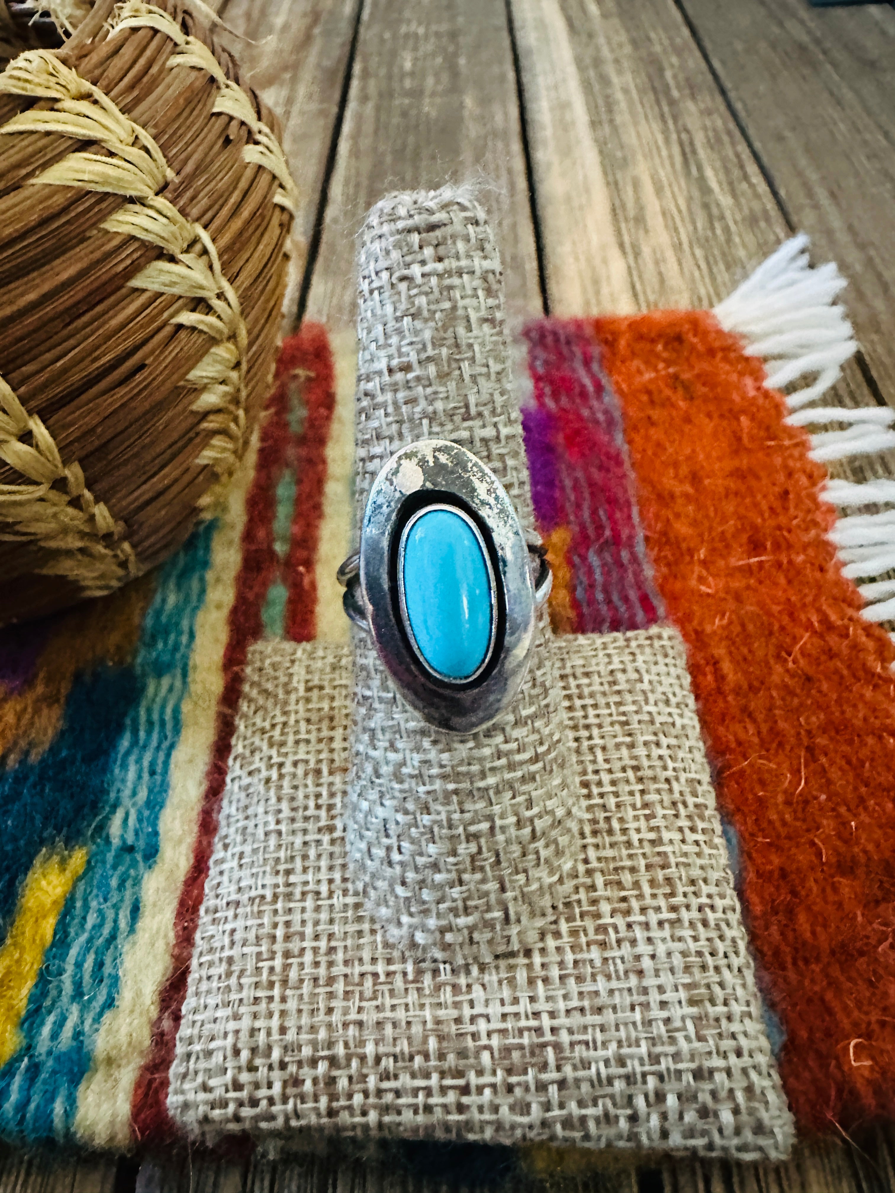 Old Pawn Handcrafted Turquoise & Sterling Silver Ring Size 8