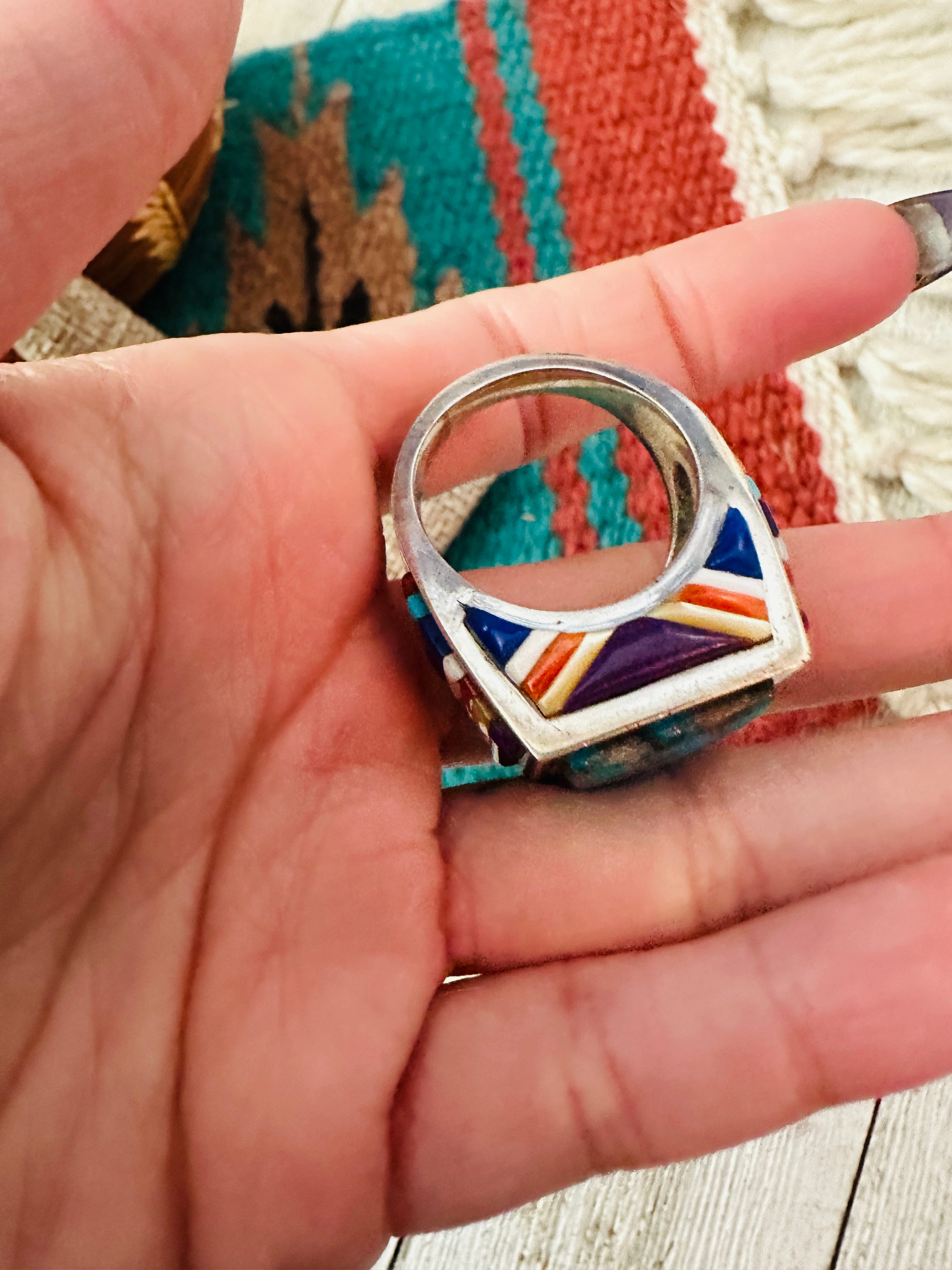 Old Pawn Handcrafted Multi Stone & Sterling Silver Inlay Ring Size 10.75