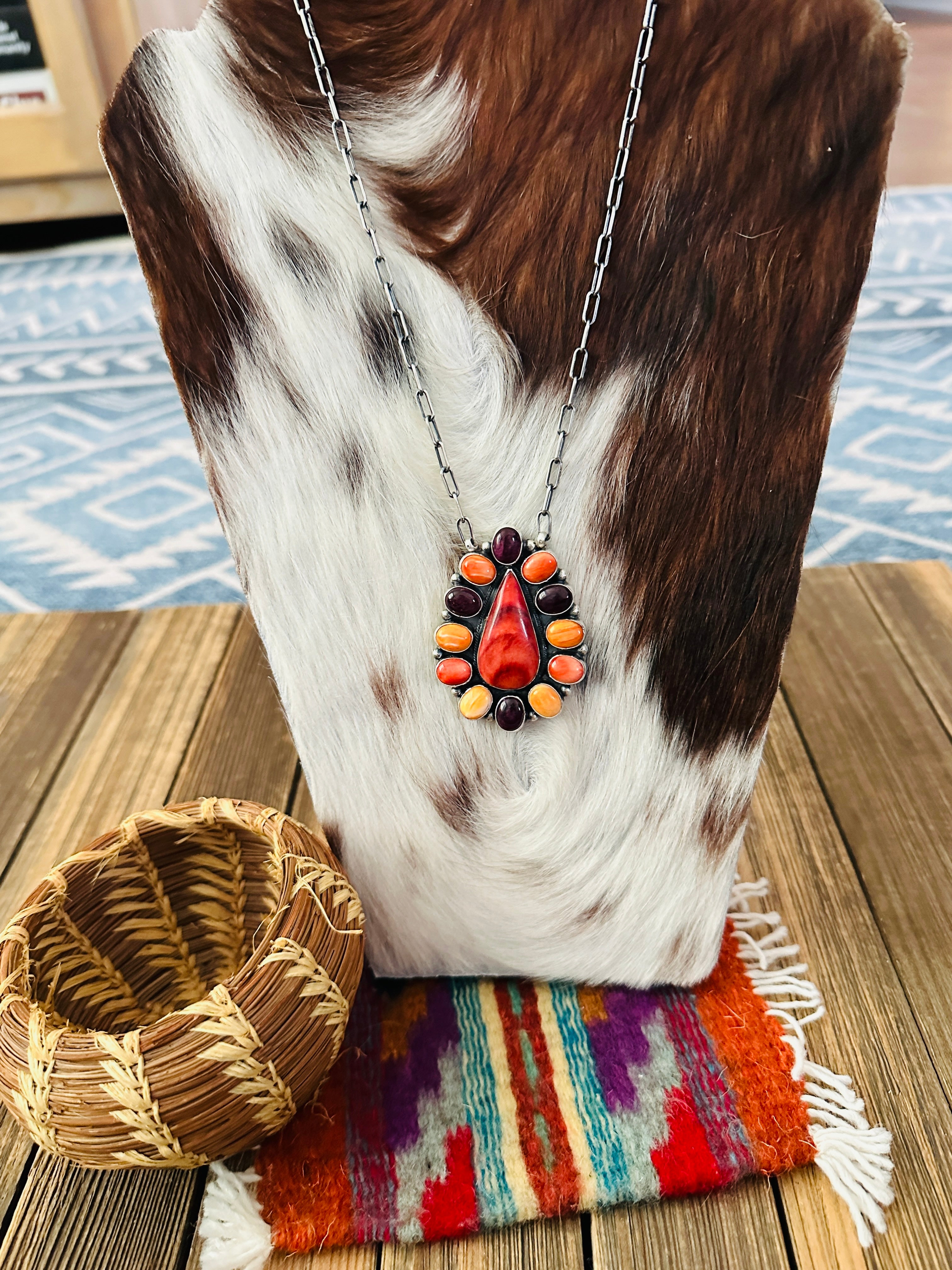 Handcrafted Multicolor Spiny Oyster & Sterling Silver Cluster Necklace by Sheila Becenti