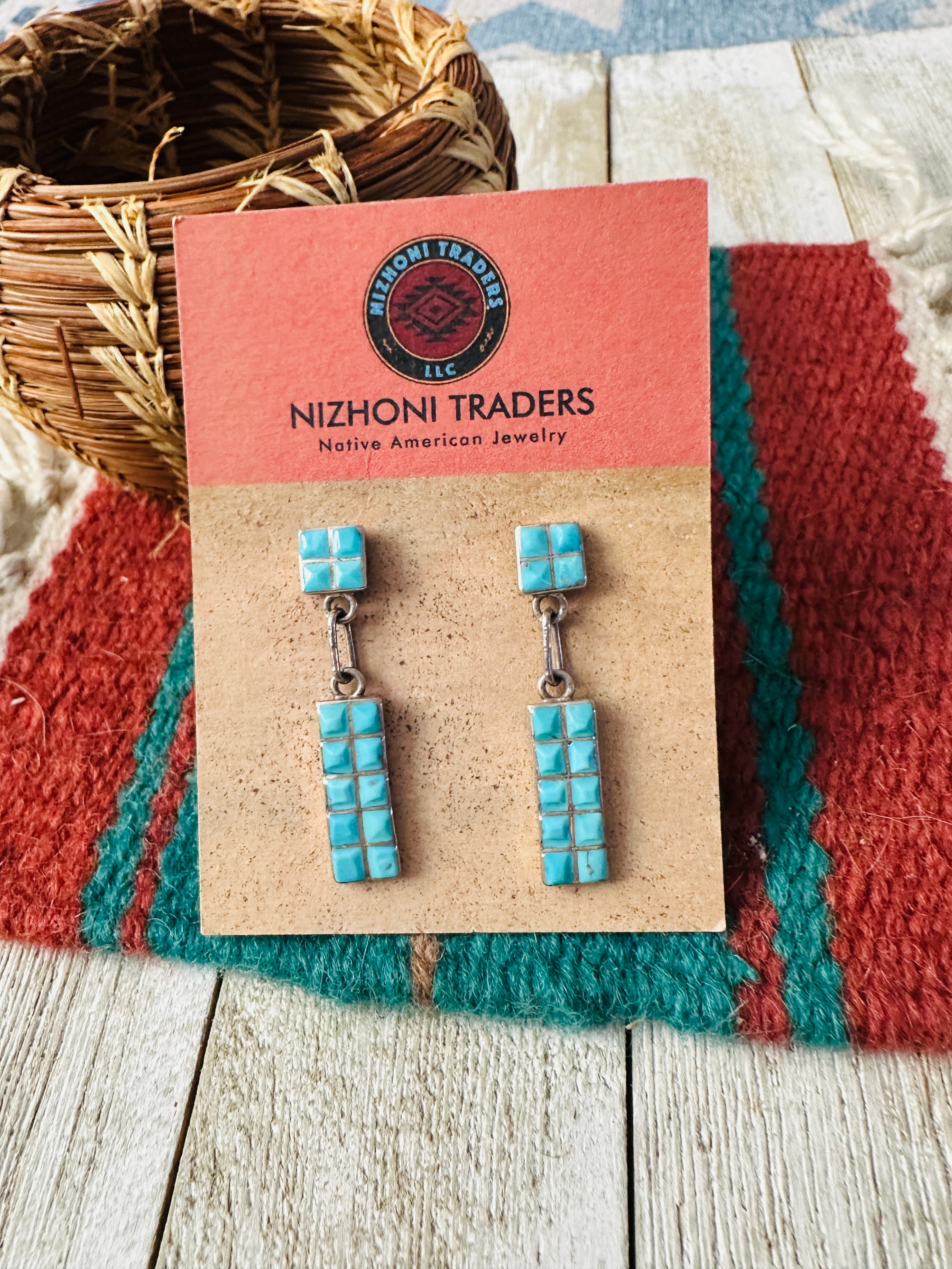 Old Pawn Handcrafted Turquoise & Sterling Silver Inlay Dangle Earrings