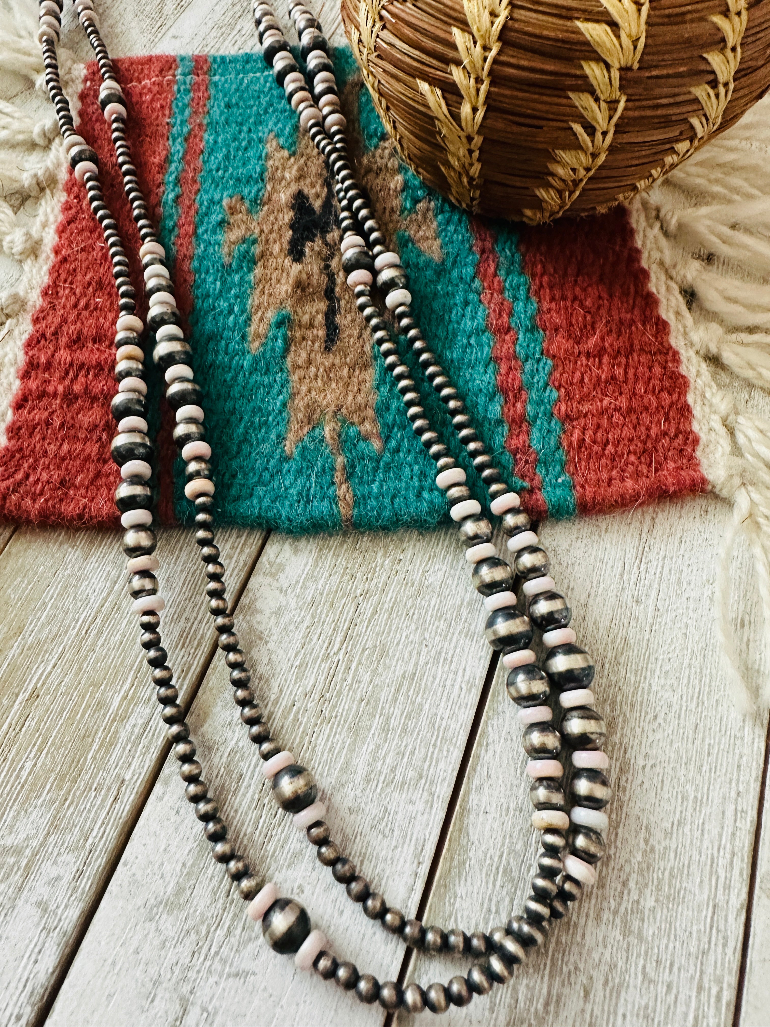 Handcrafted Sterling Silver Pearl & Queen Pink Conch 60” Beaded Necklace