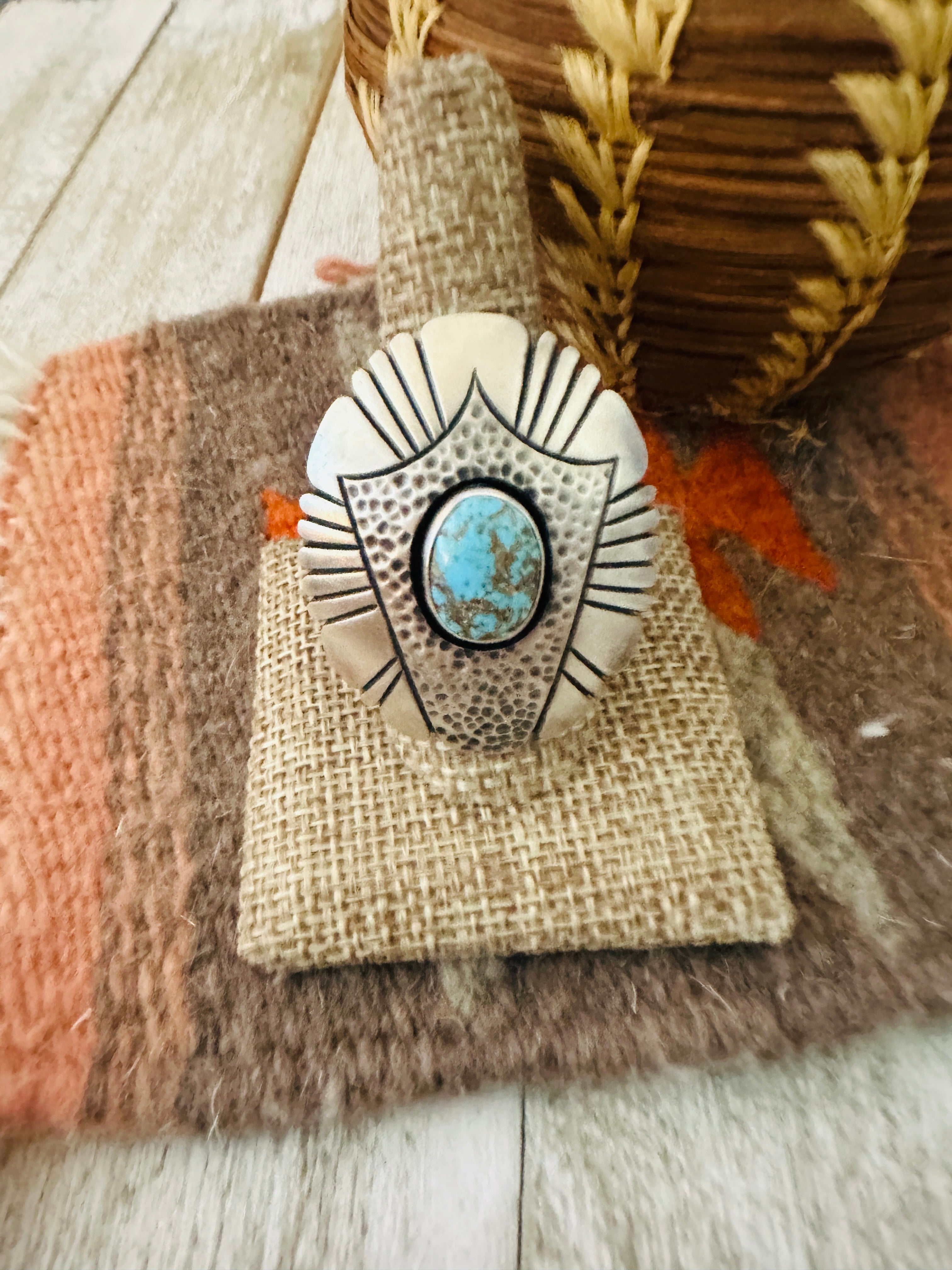 Handcrafted Hand Stamped Sterling Silver & Turquoise Ring Size 9
