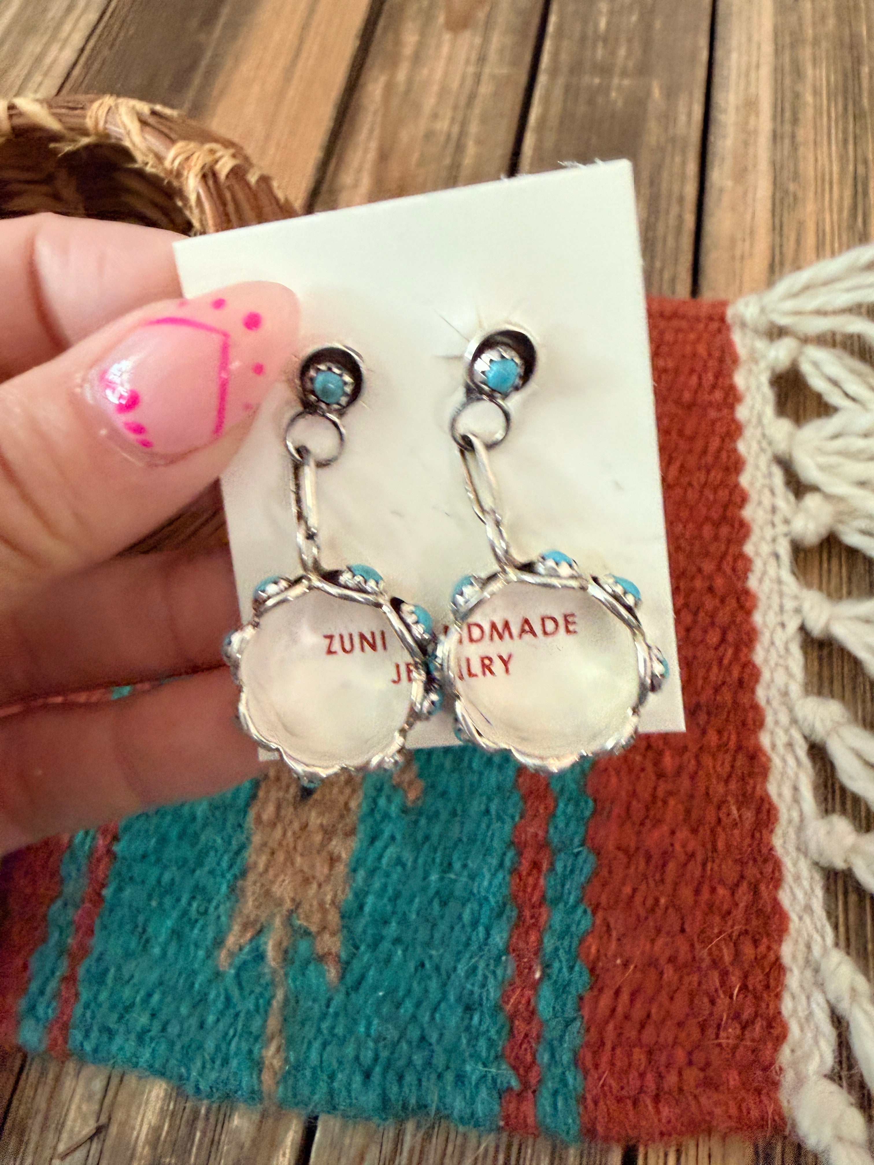 Handcrafted Sterling Silver & Turquoise Petit Point Dangle Hoop Earrings