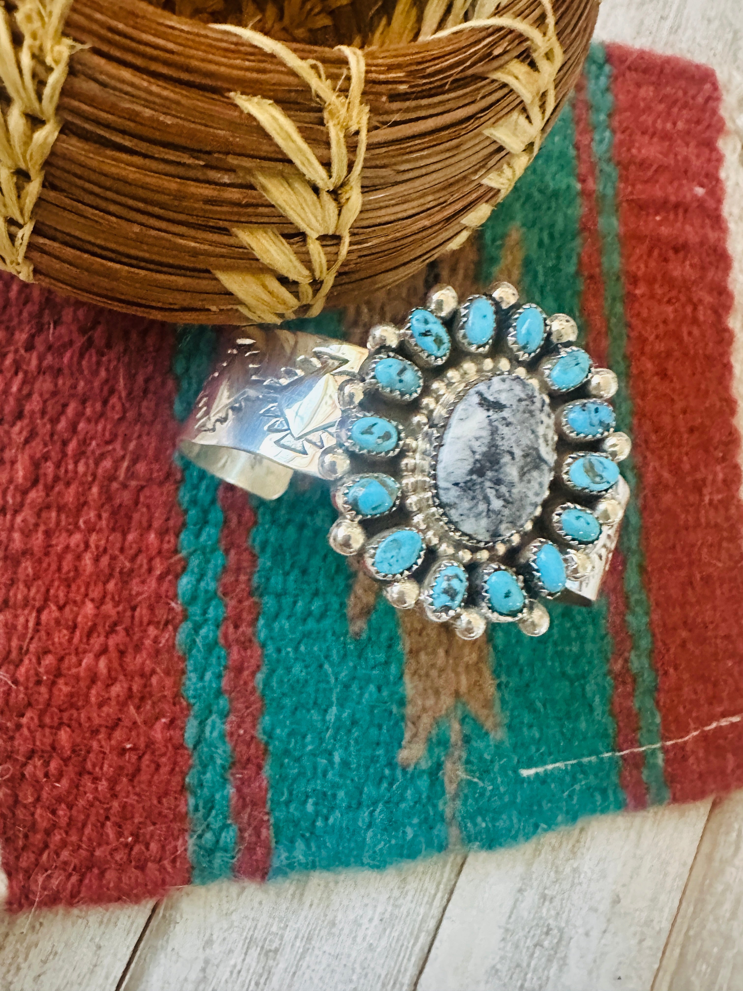 Navajo White Buffalo, Turquoise & Sterling Silver Cluster Cuff Bracelet