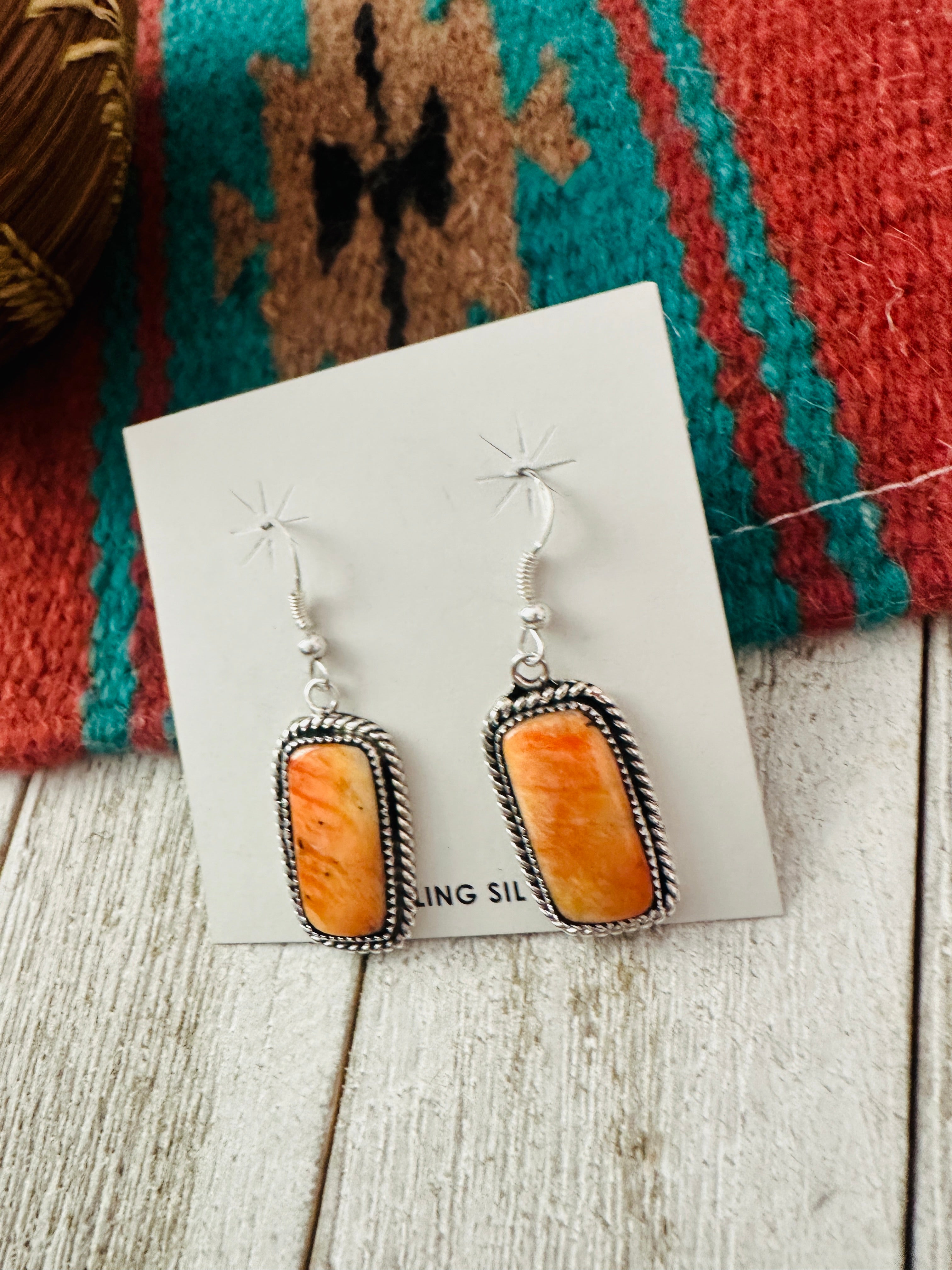 Navajo Orange Spiny and Sterling Silver Dangle Earrings