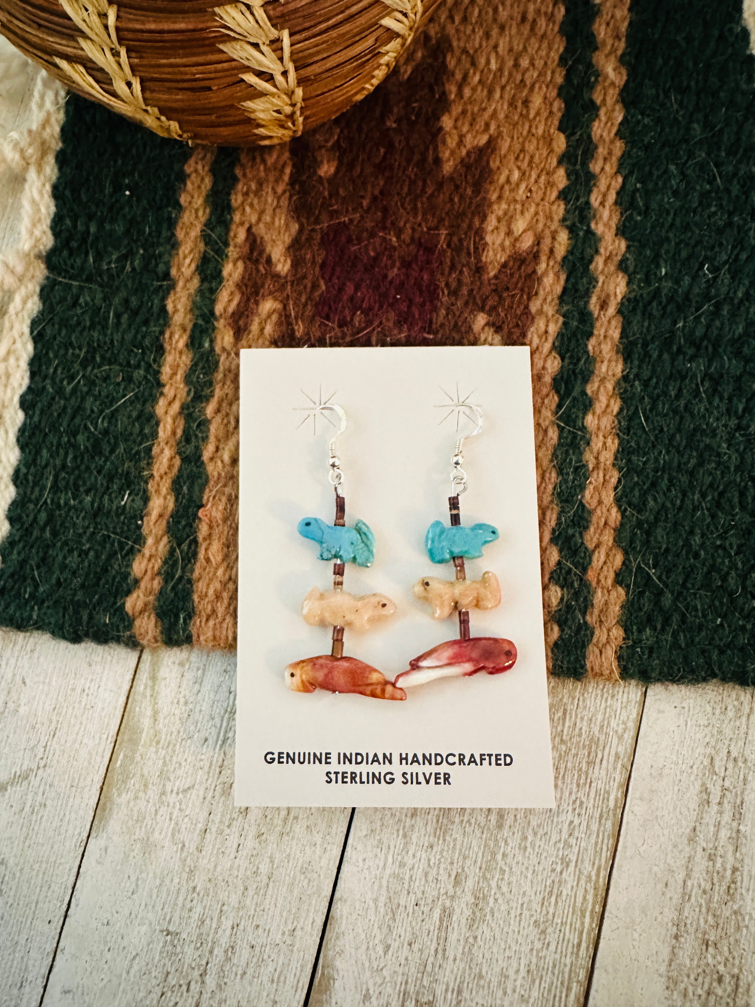 Zuni Multi Stone Beaded Fetish Dangle Earrings