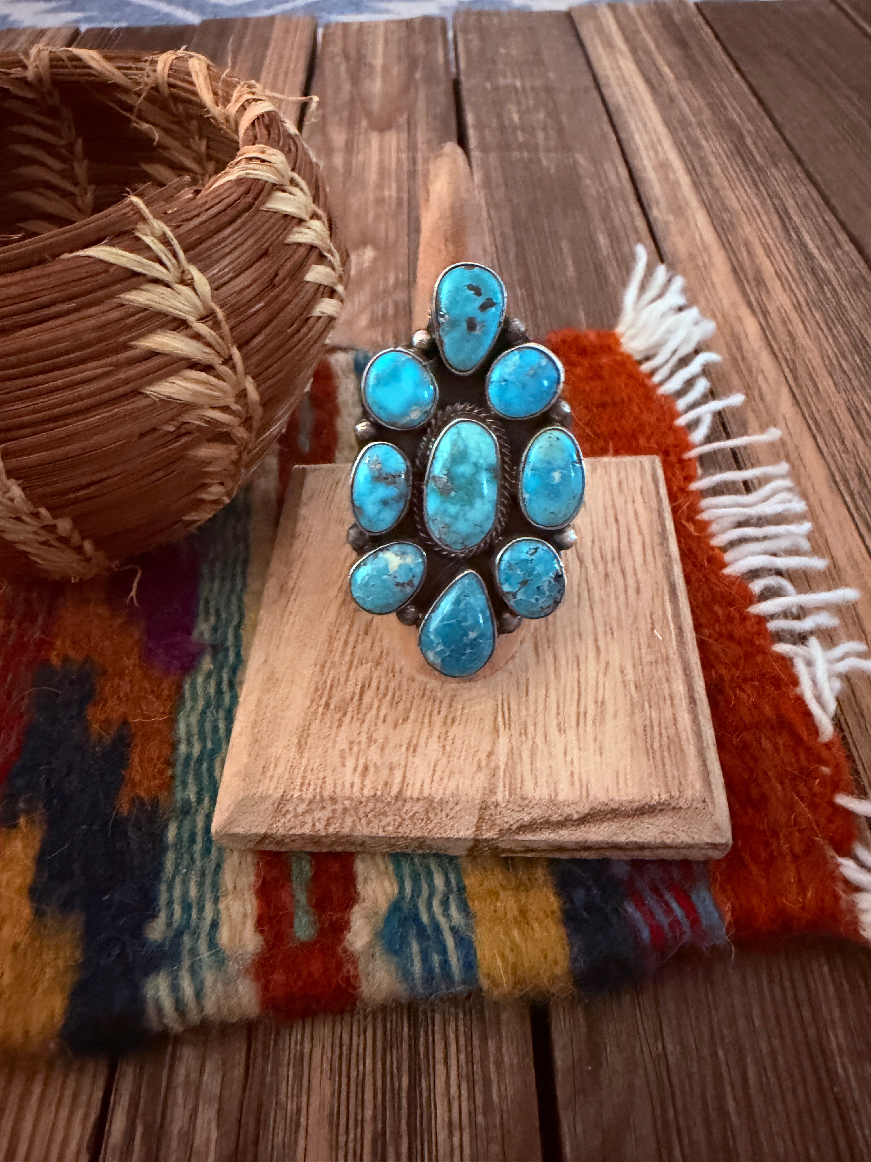Handcrafted Turquoise & Sterling Silver Cluster Adjustable Ring Sheila Becenti