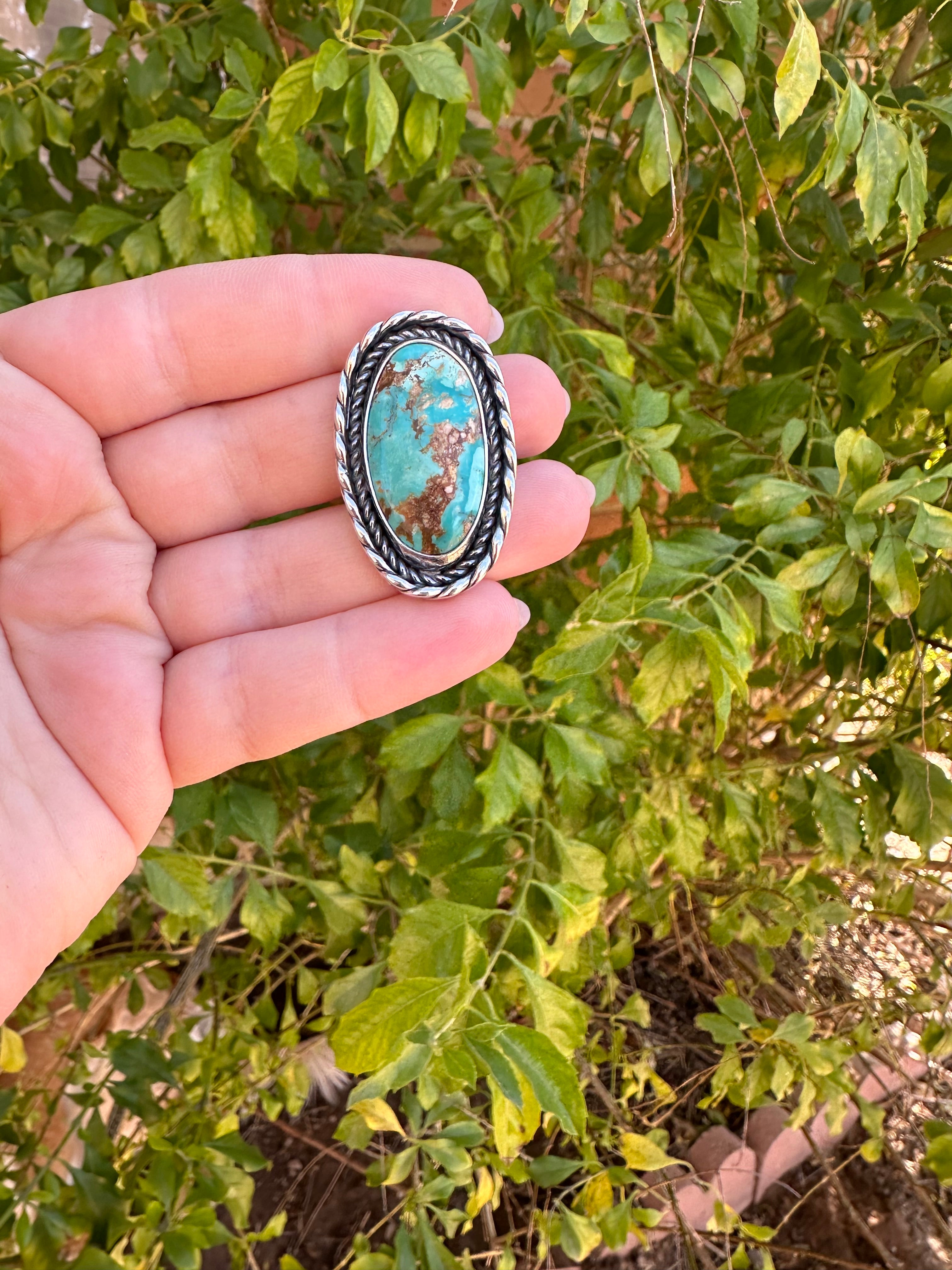 Beautiful Navajo Sterling Silver & Single Stone Turquoise Adjustable Ring OVAL STYLE Signed