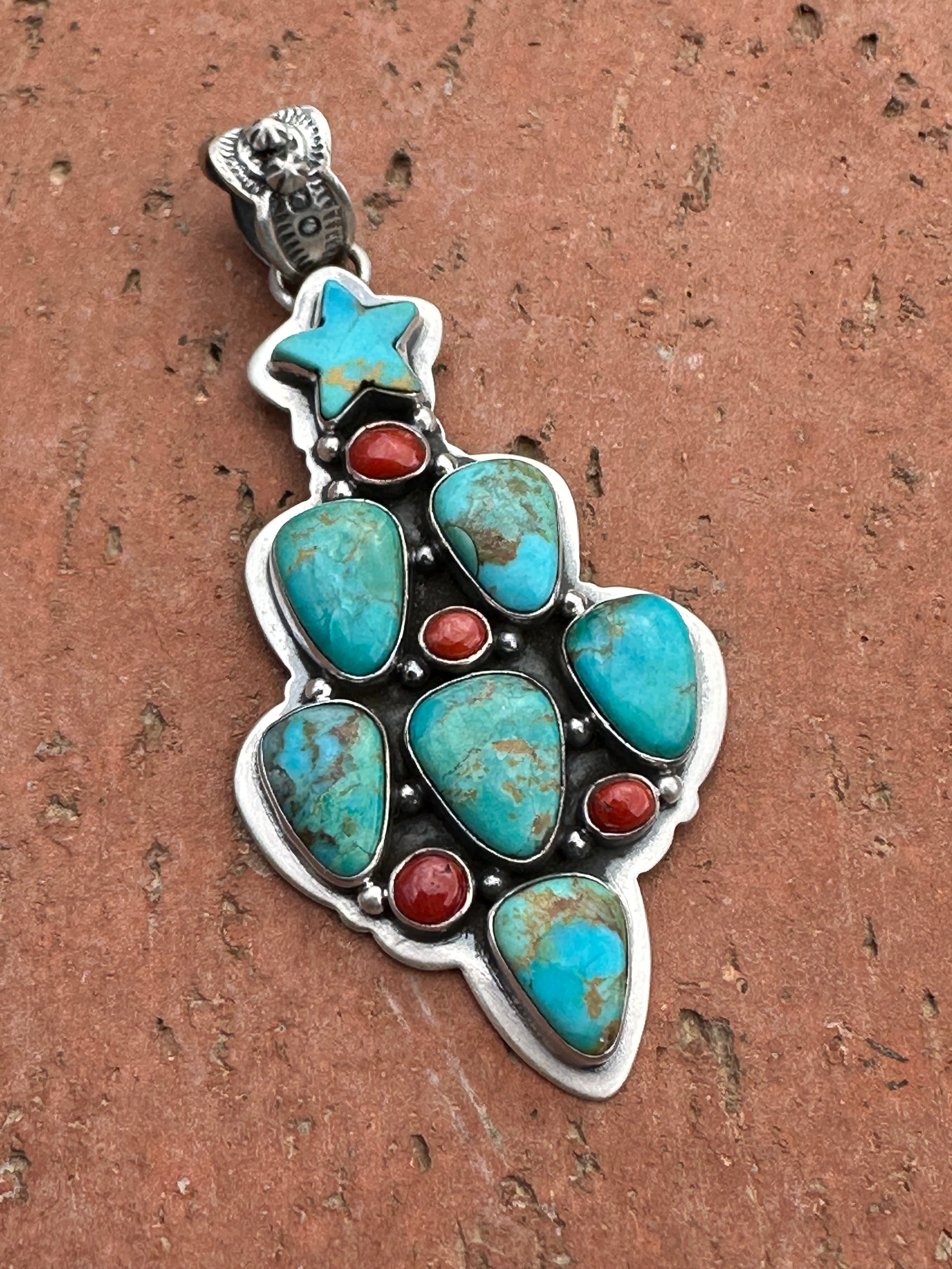 Handmade Sterling Silver, Coral & Turquoise Christmas Tree Pendant