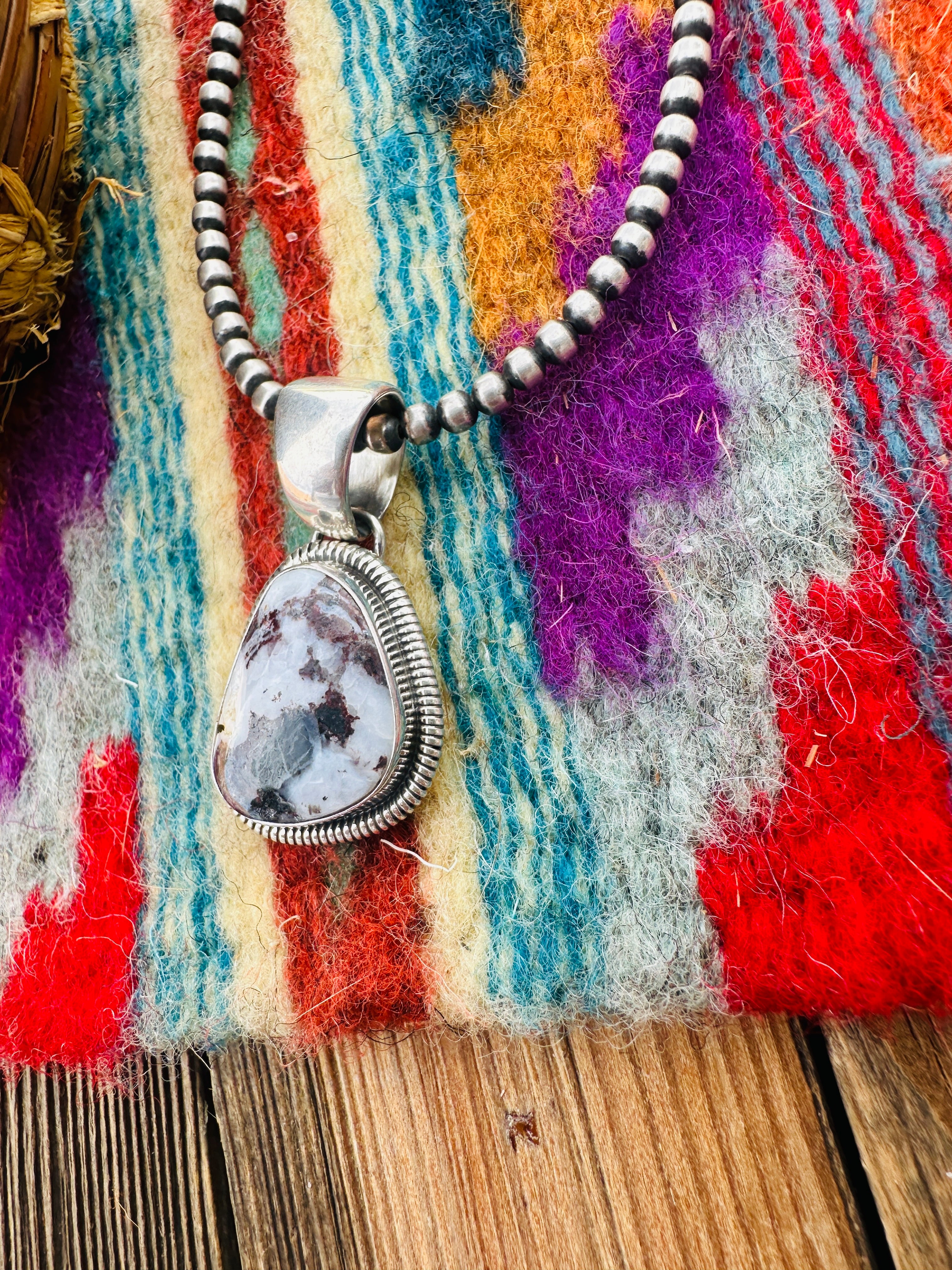Handcrafted Sterling Silver & White Buffalo Pendant by Wydell Billie
