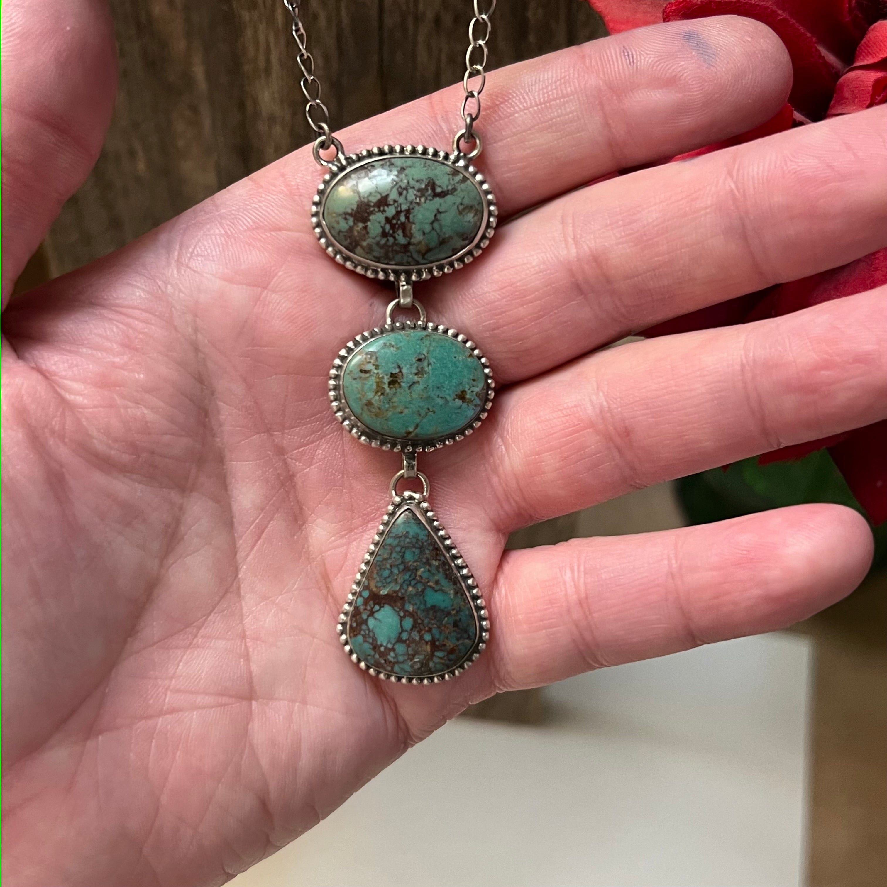 Handmade 3 Stone Turquoise & Sterling Silver Drop Necklace (07)