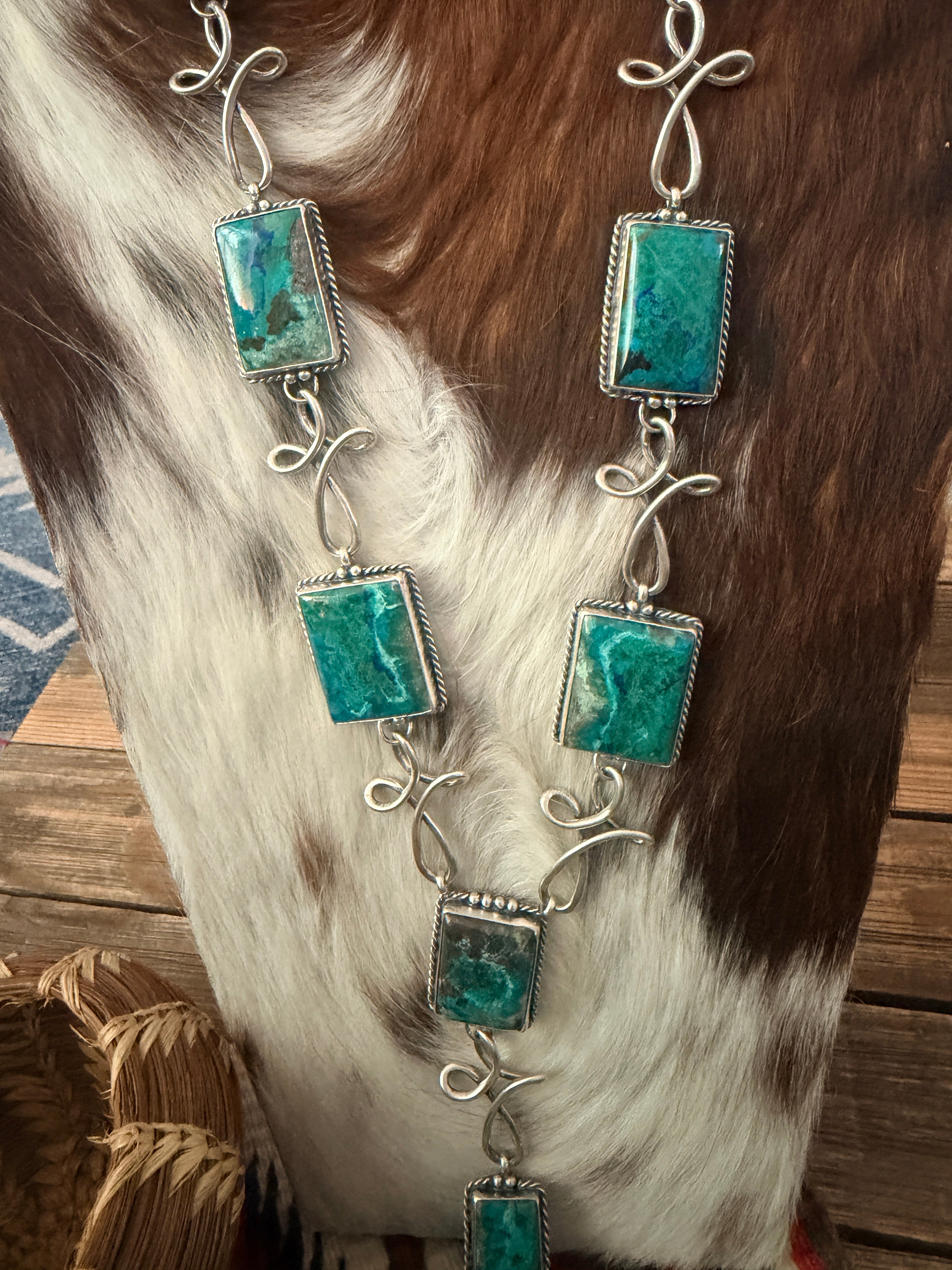 Handcrafted Chrysocolla & Sterling Silver Necklace and Earring Set by Larry Kaye
